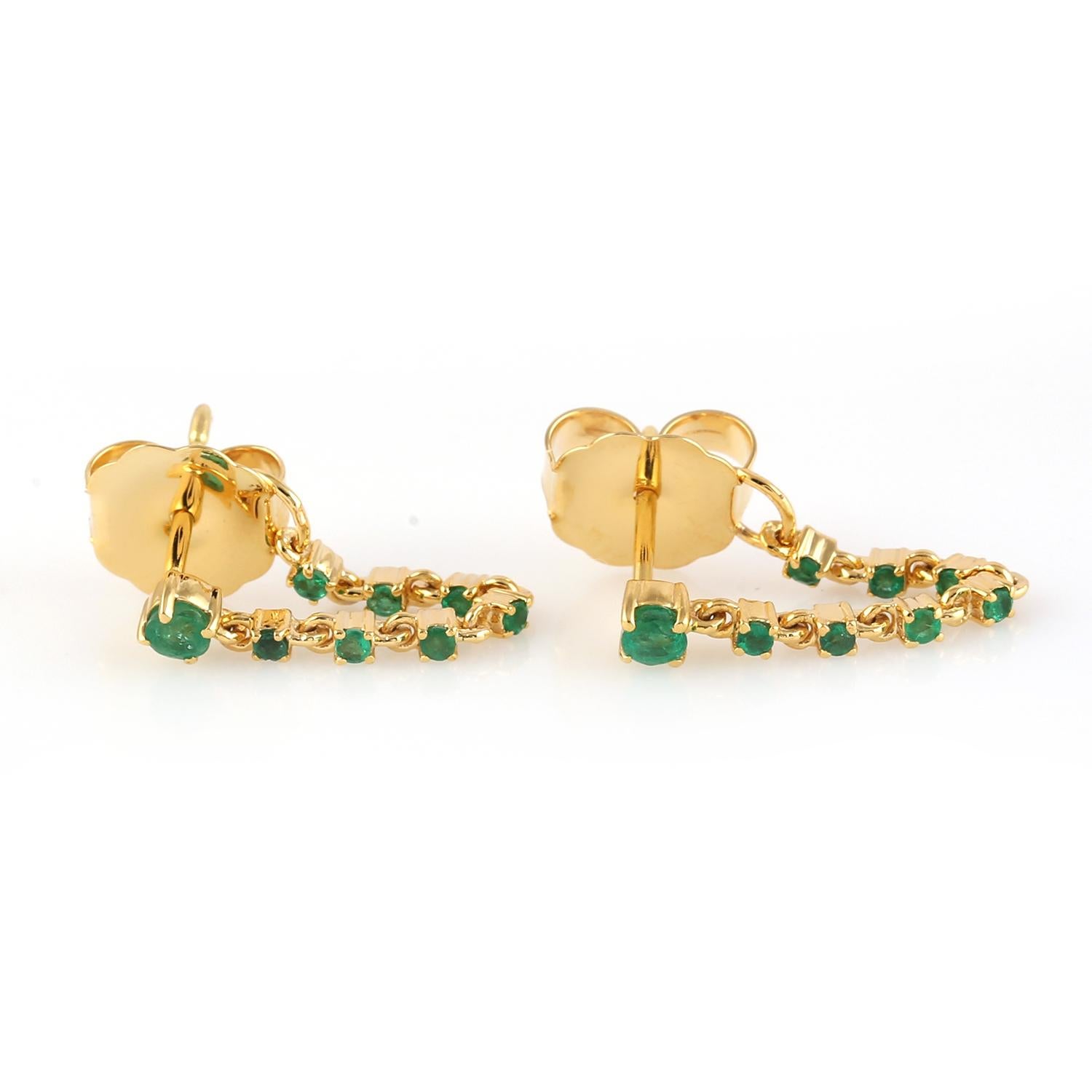 Artisan Emerald Gemstone Thread Earrings Made In 14k Yellow Gold For Sale