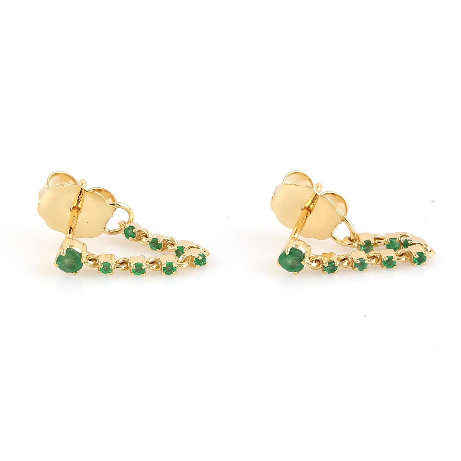 Mixed Cut Emerald Gemstone Thread Earrings Made In 14k Yellow Gold For Sale