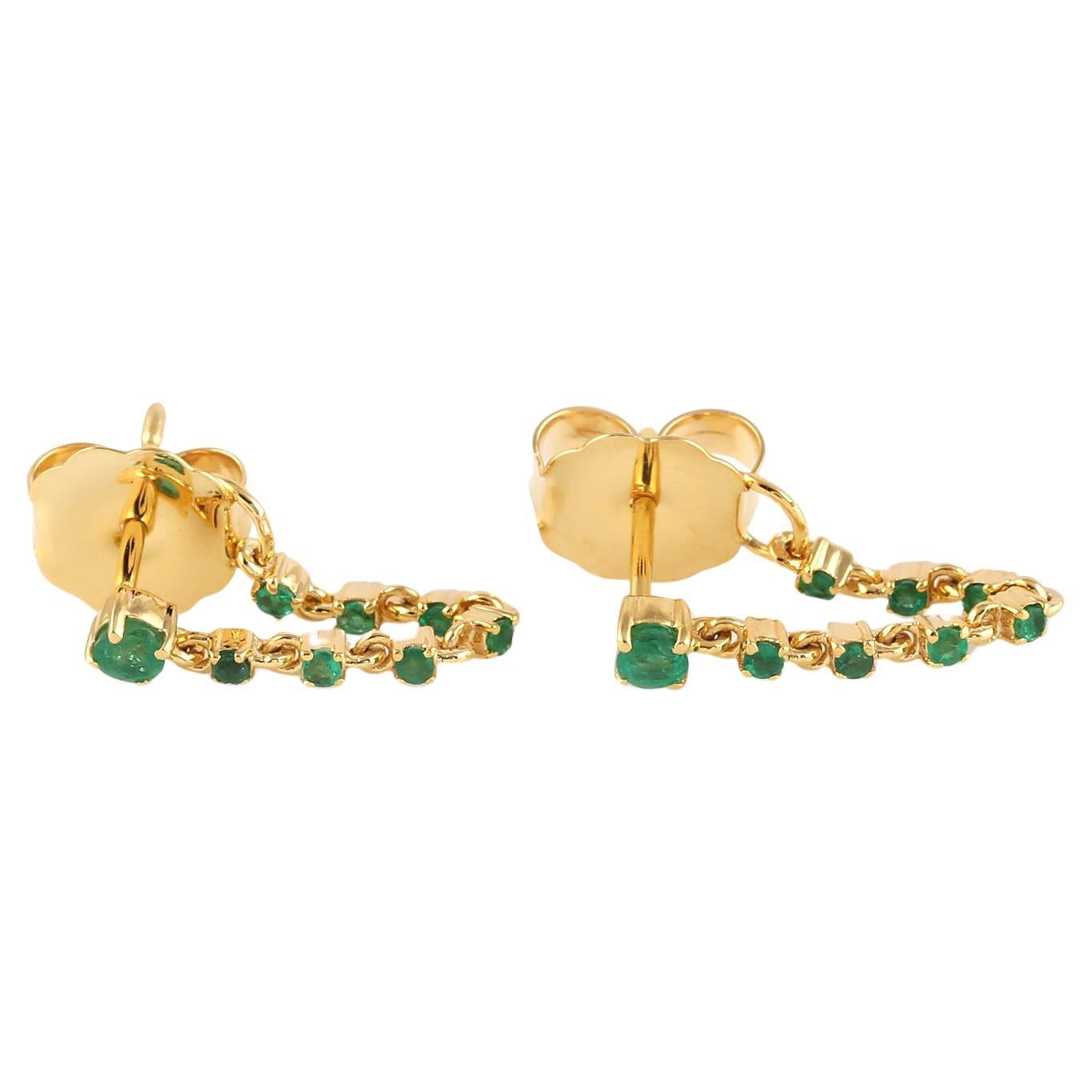 Emerald Gemstone Thread Earrings Made In 14k Yellow Gold