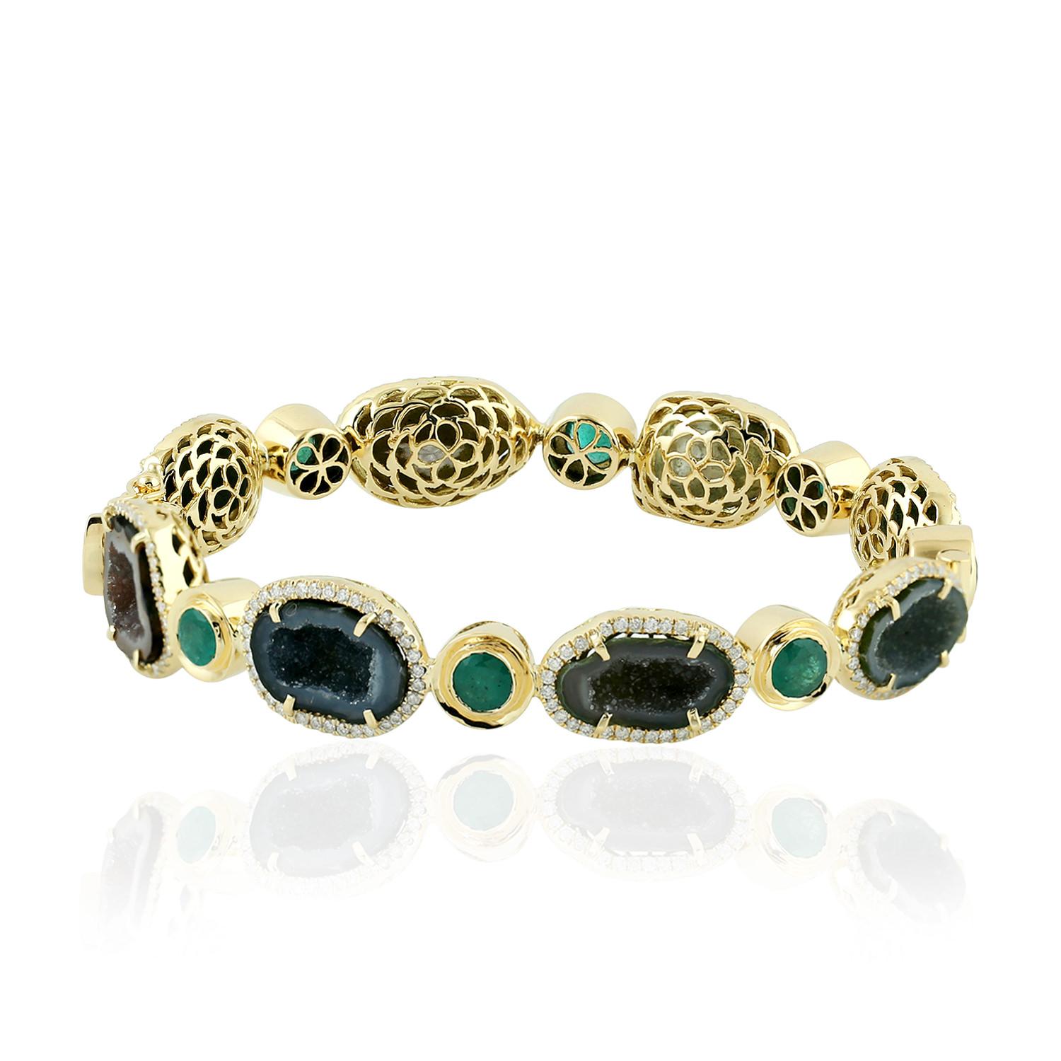 Mixed Cut Emerald & Geode Bracelet with Pave Diamonds Made in 18k Yellow Gold For Sale