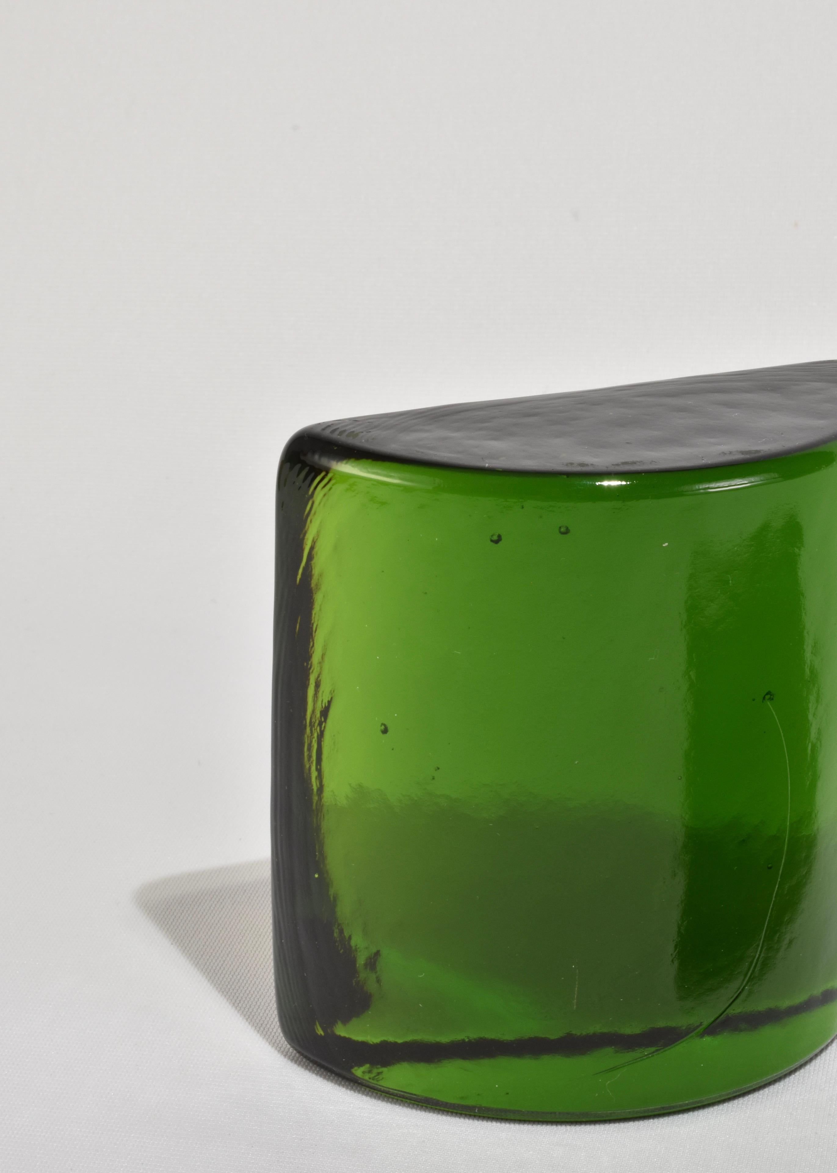 Vintage glass half-moon bookends in beautiful emerald color. Set of two by Blenko Glass Company.