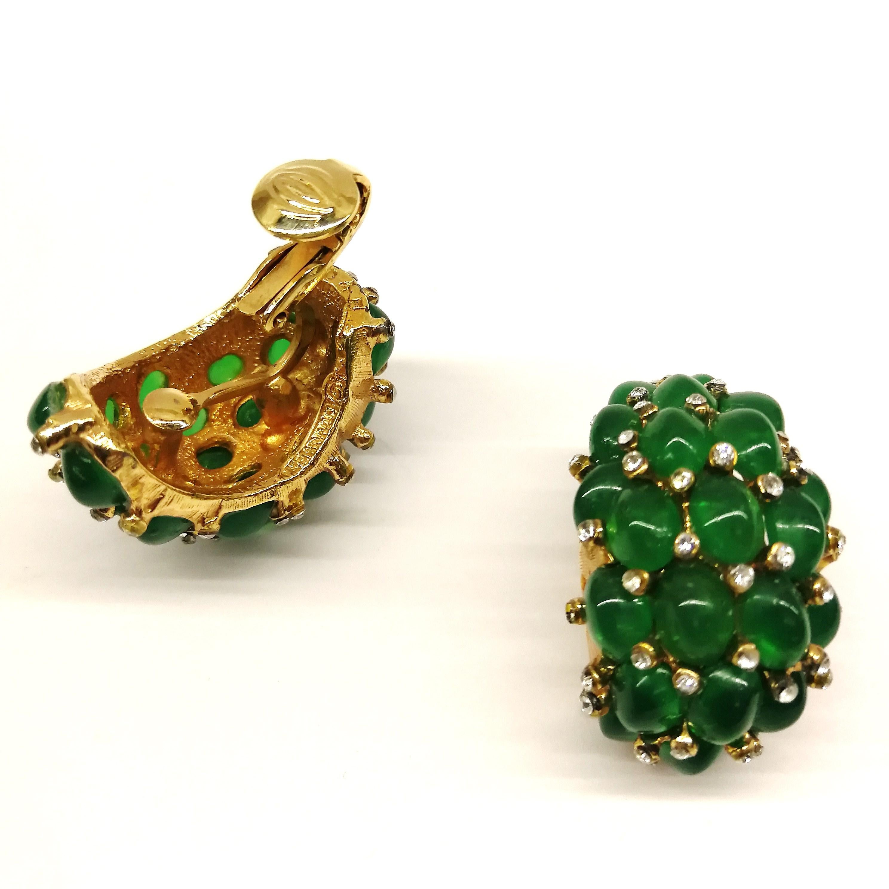 Women's Emerald glass cabuchon and clear paste 'cluster' earrings, Marcel Boucher, 1960s