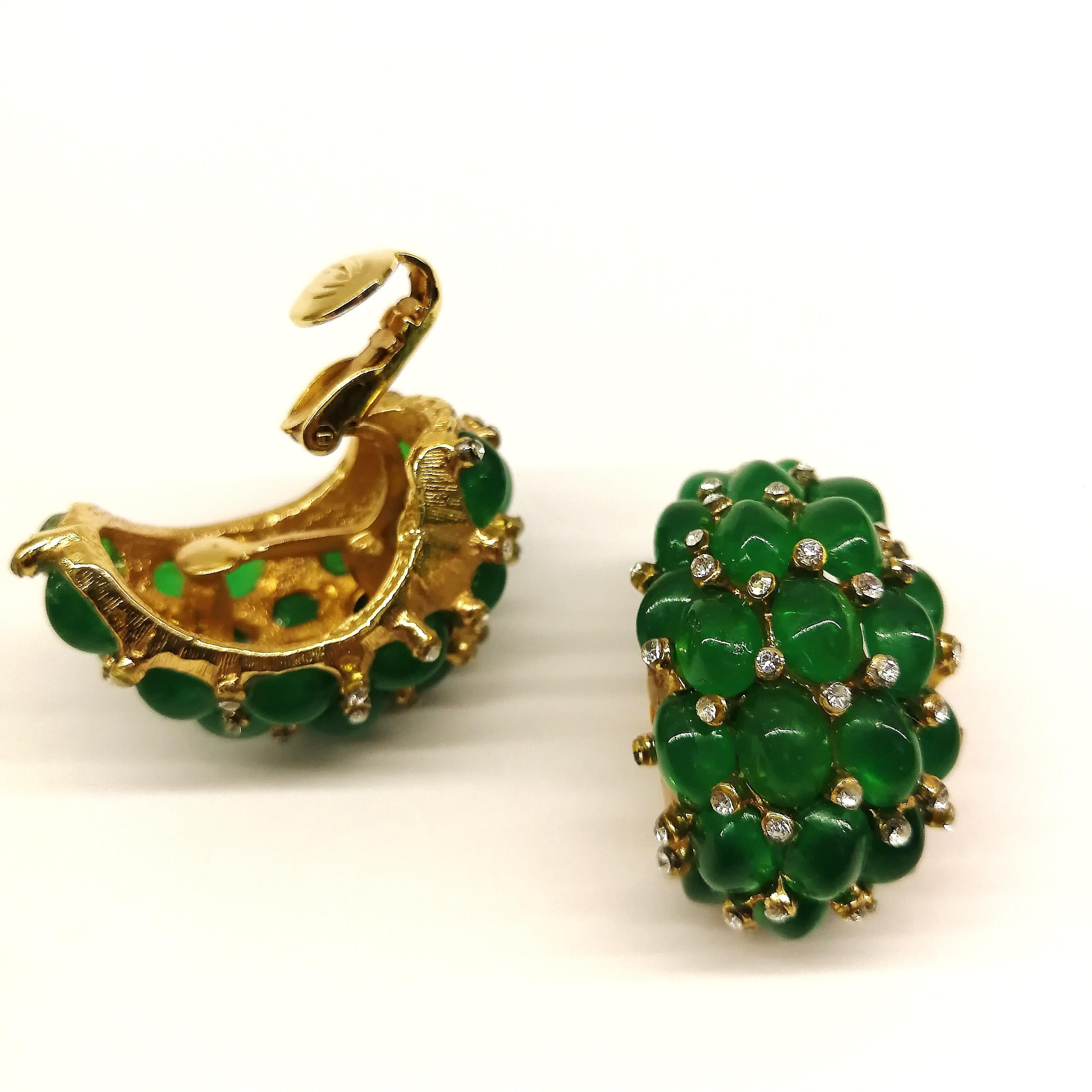 Emerald glass cabuchon and clear paste 'cluster' earrings, Marcel Boucher, 1960s 2