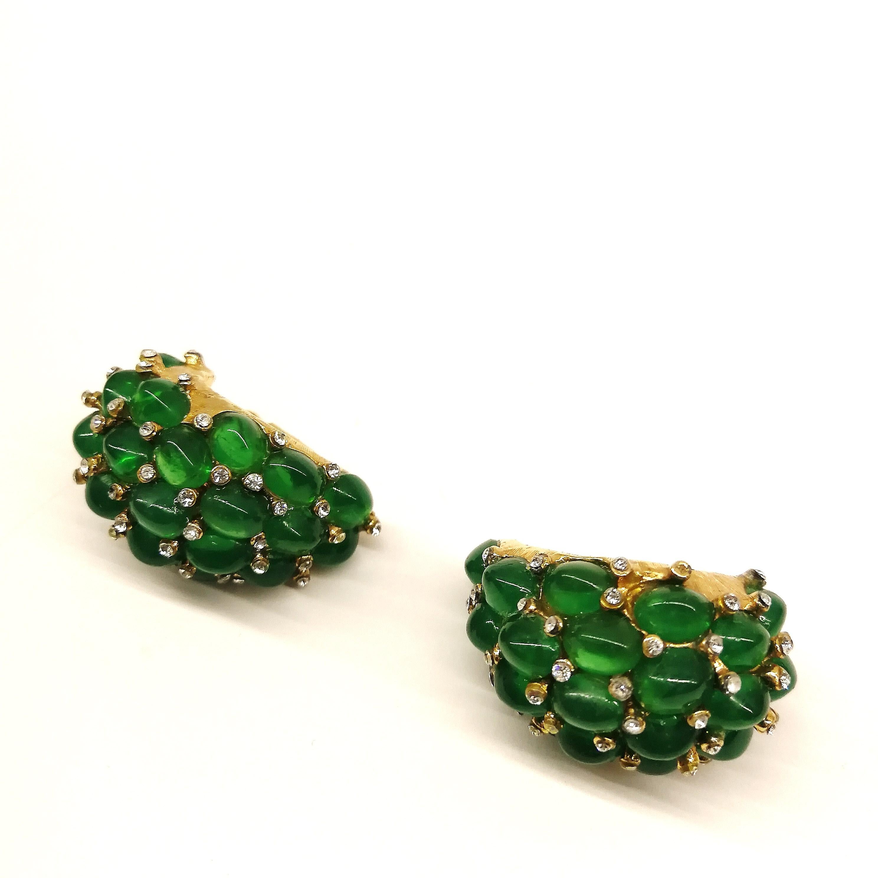 Emerald glass cabuchon and clear paste 'cluster' earrings, Marcel Boucher, 1960s 3