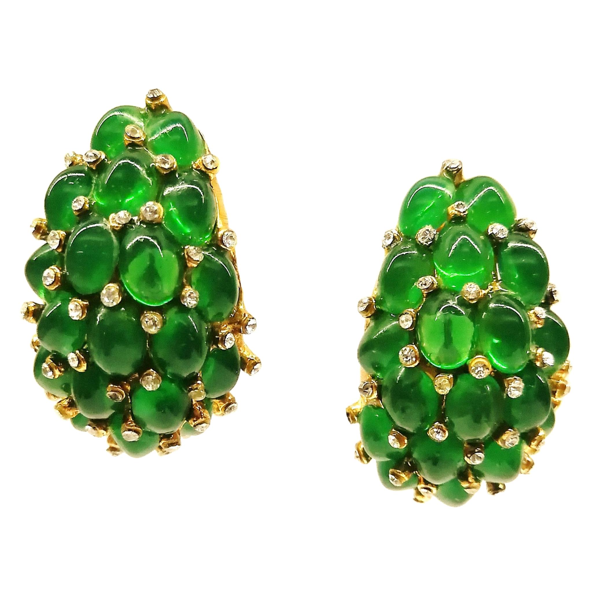Emerald glass cabuchon and clear paste 'cluster' earrings, Marcel Boucher, 1960s
