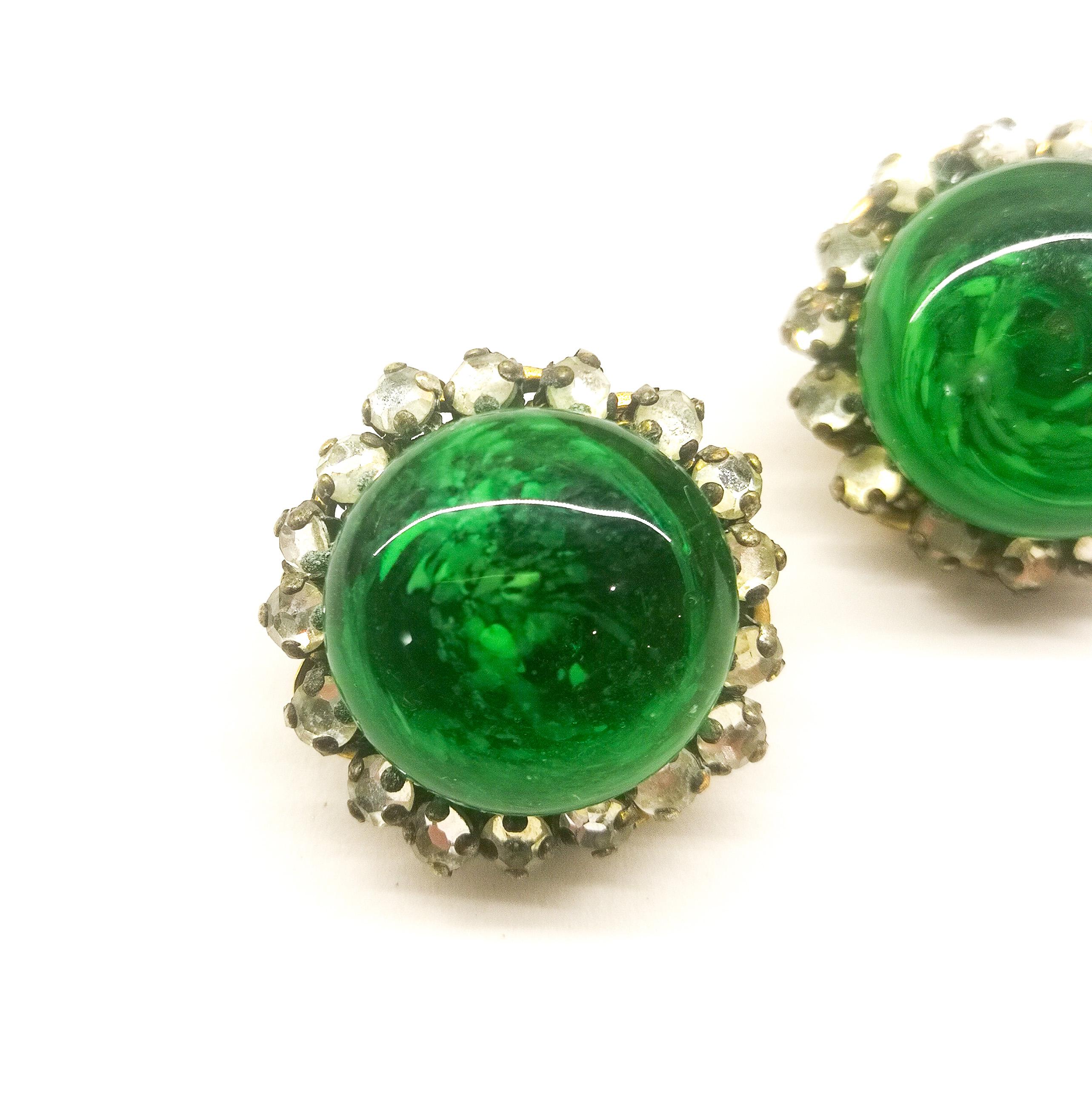 Emerald glass, rose montes and gilt metal button earrings, Miriam Haskell, 1950s 1