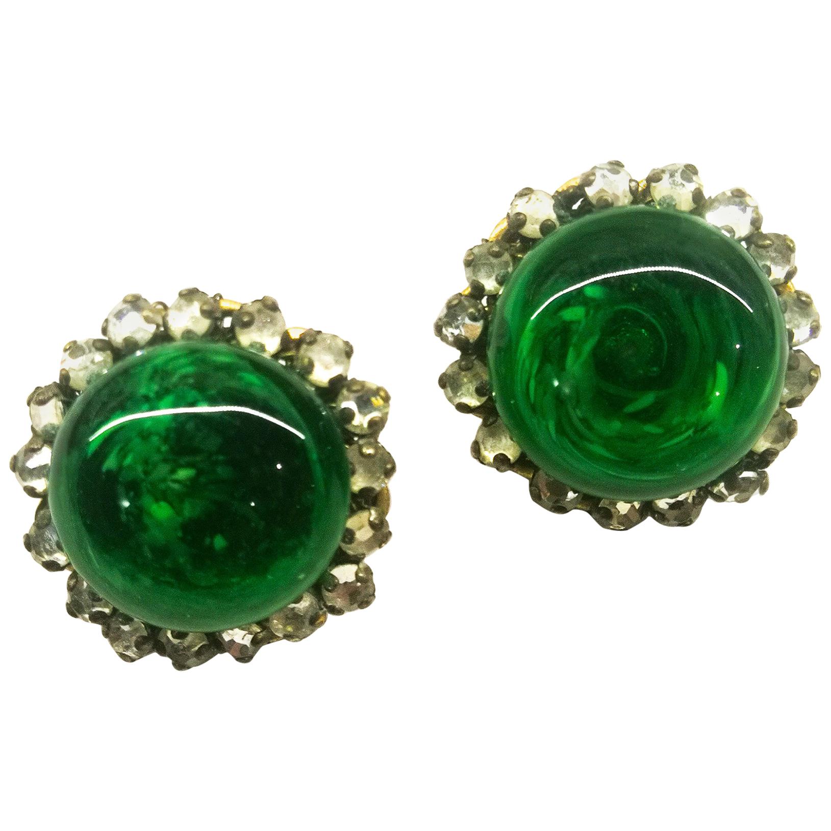 Emerald glass, rose montes and gilt metal button earrings, Miriam Haskell, 1950s