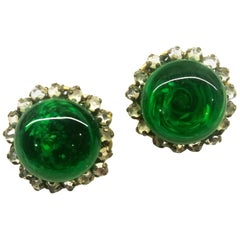 Vintage Emerald glass, rose montes and gilt metal button earrings, Miriam Haskell, 1950s