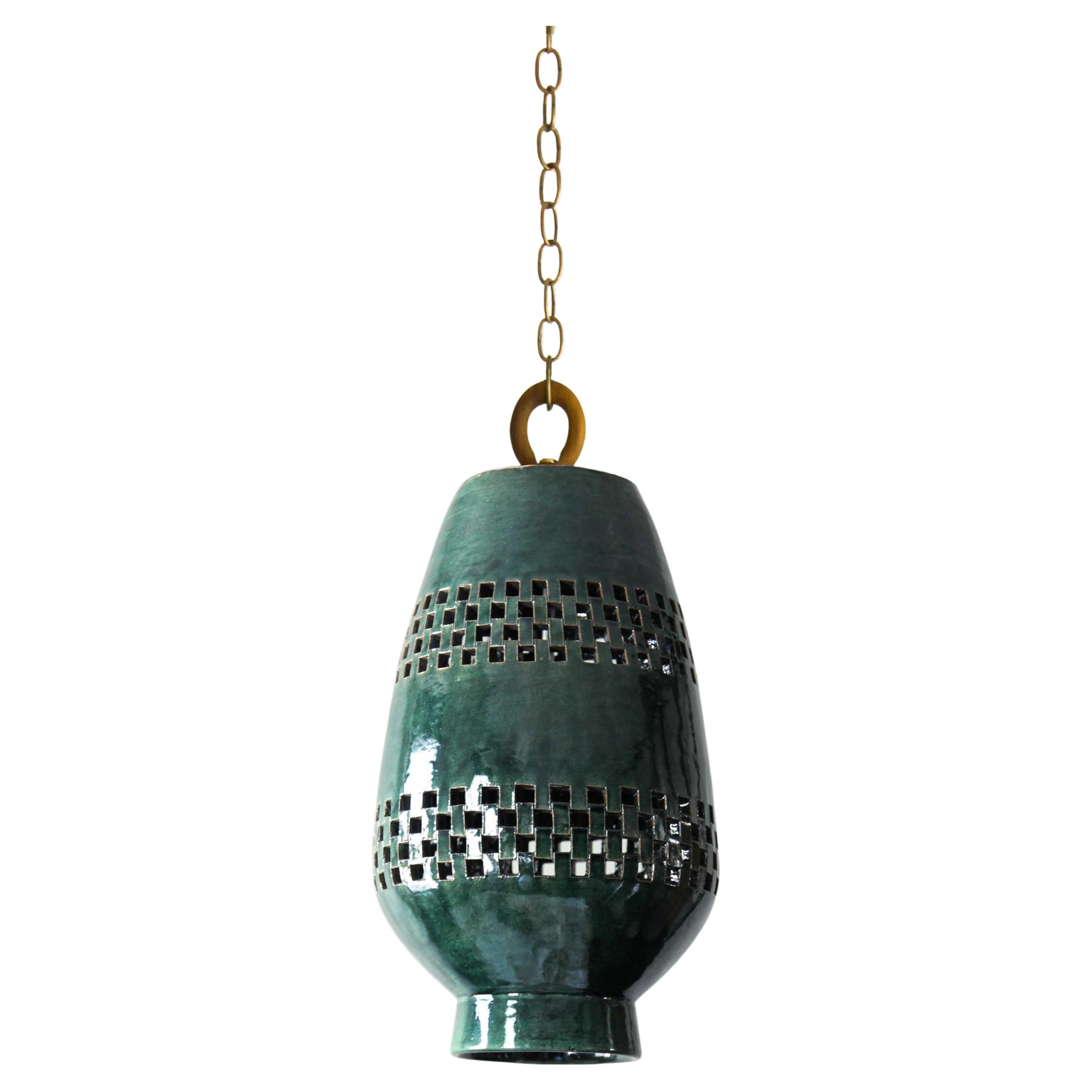 Medium Emerald Ceramic Pendant Light, Brushed Brass, Ajedrez Atzompa Collection For Sale
