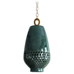 Large Emerald Ceramic Pendant Light, Natural Brass, Diamantes Atzompa Collection