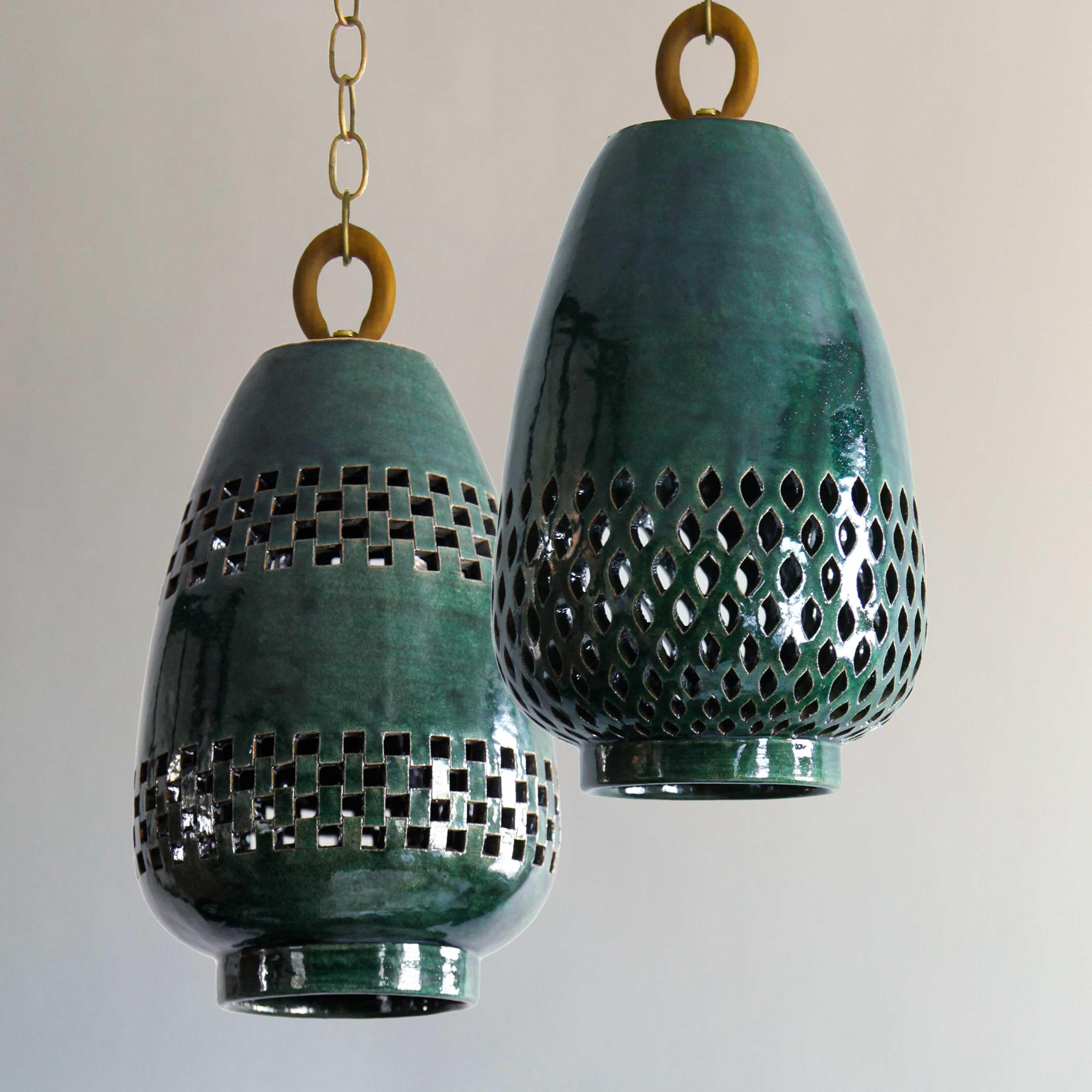 Mexican Small Emerald Ceramic Pendant Light, Brushed Brass, Diamantes Atzompa Collection For Sale