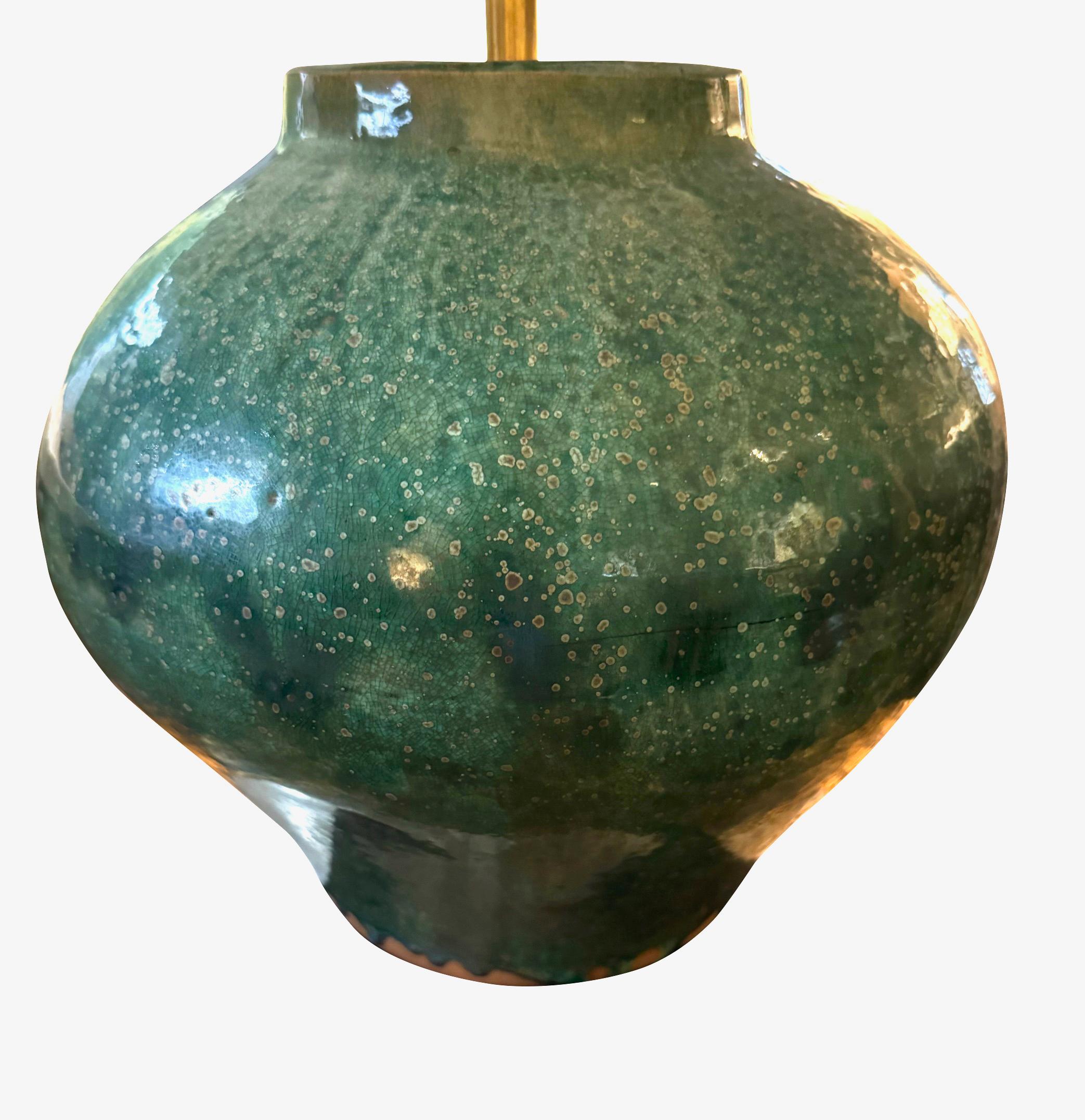 Contemporary Chinese single emerald glazed lamp.
Base measures 13
