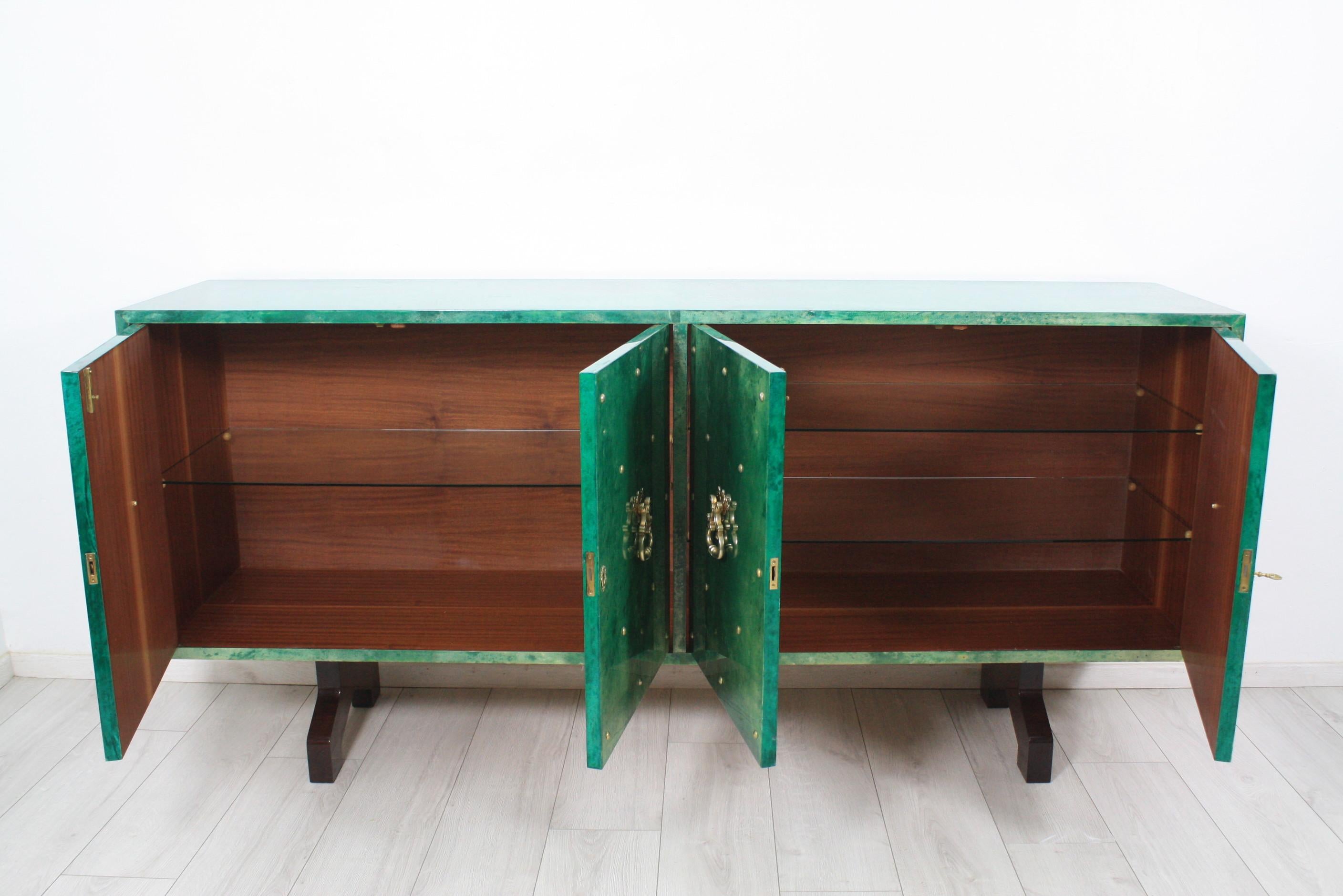 1960s Hollywood Regency Emerald Green Goatskin Credenza by Aldo Tura In Excellent Condition In Miami, FL