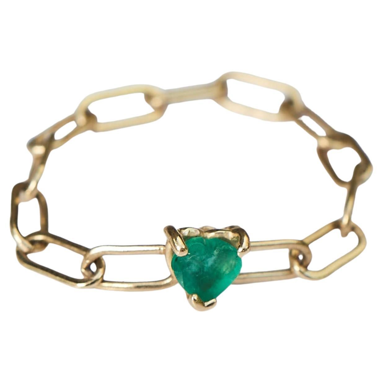 Emerald Gold Chain Ring Heart 14K Stackable J Dauphin For Sale