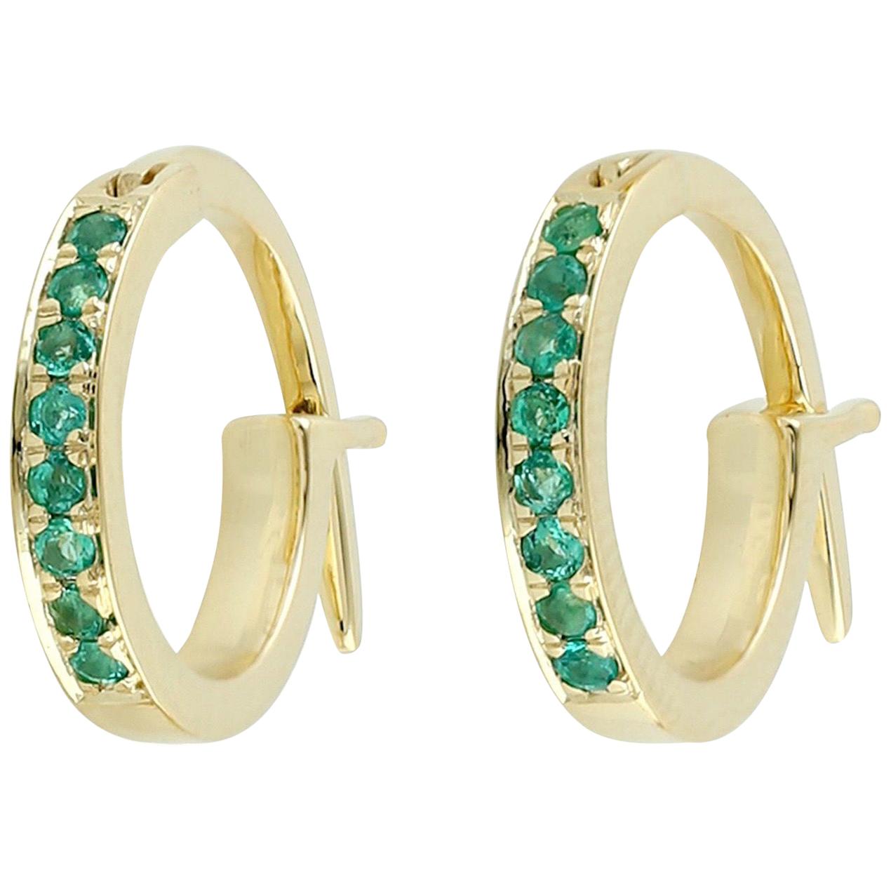 Emerald Gold Huggie Hoop Earrings For Sale