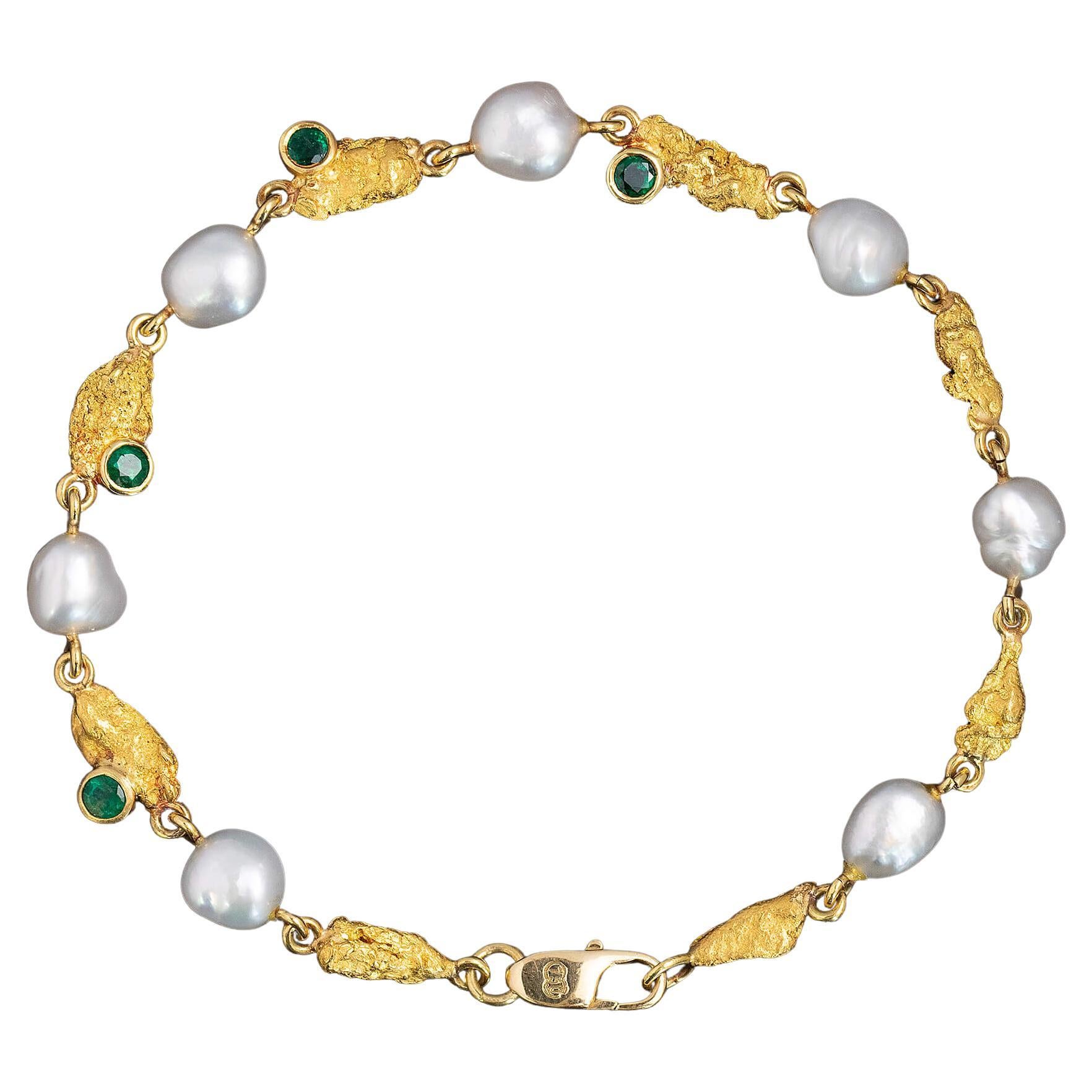 Emerald, Gold Nugget & Keshi Pearl Bracelet Circa 2000s For Sale