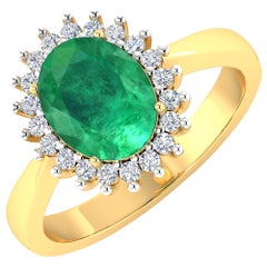 Emerald Gold Ring, 14 Karat Gold Emerald and Diamond Ring, 1.29 Carat