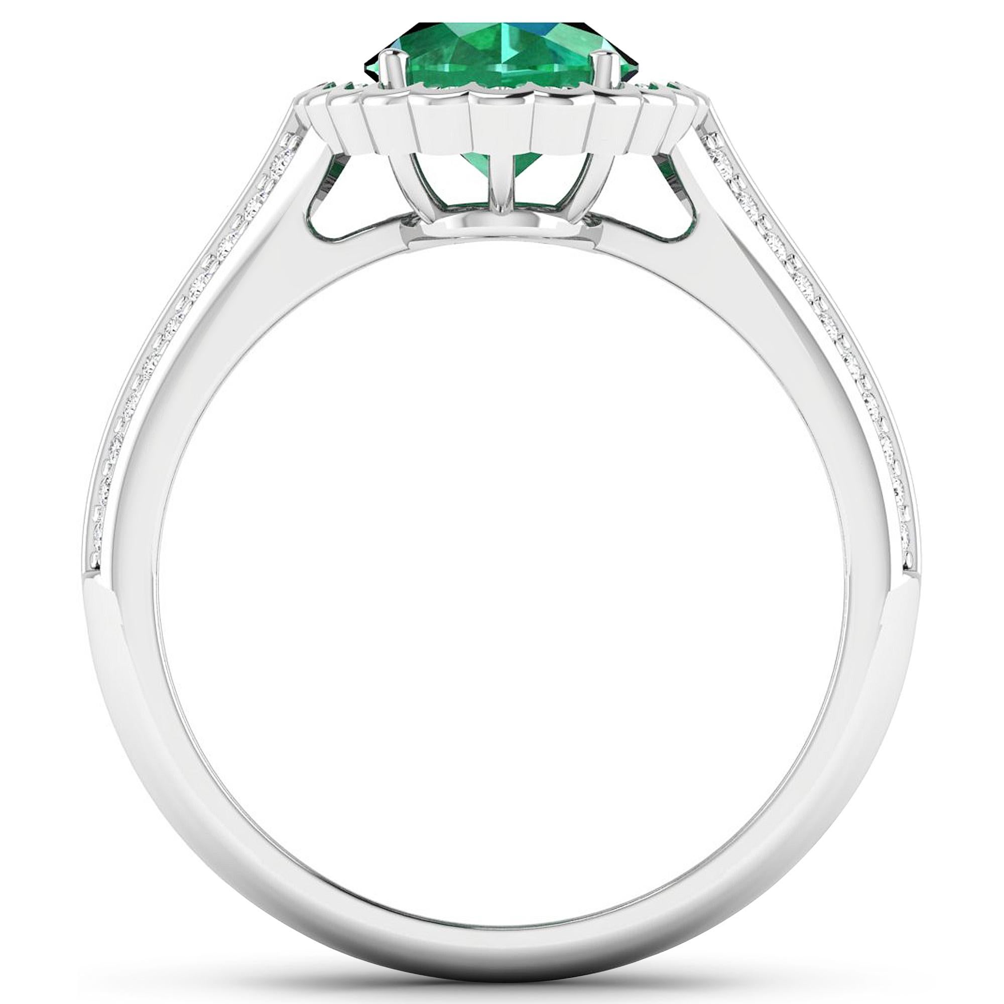 Emerald Gold Ring, 14Kt Gold Emerald & Diamond Engagement Ring, 2.07ctw.

Flaunt yourself with this 14K white Gold Emerald & White Diamond Engagement Ring. The setting is inlaid with 62 accented full-cut White Diamond round stones for a total stone