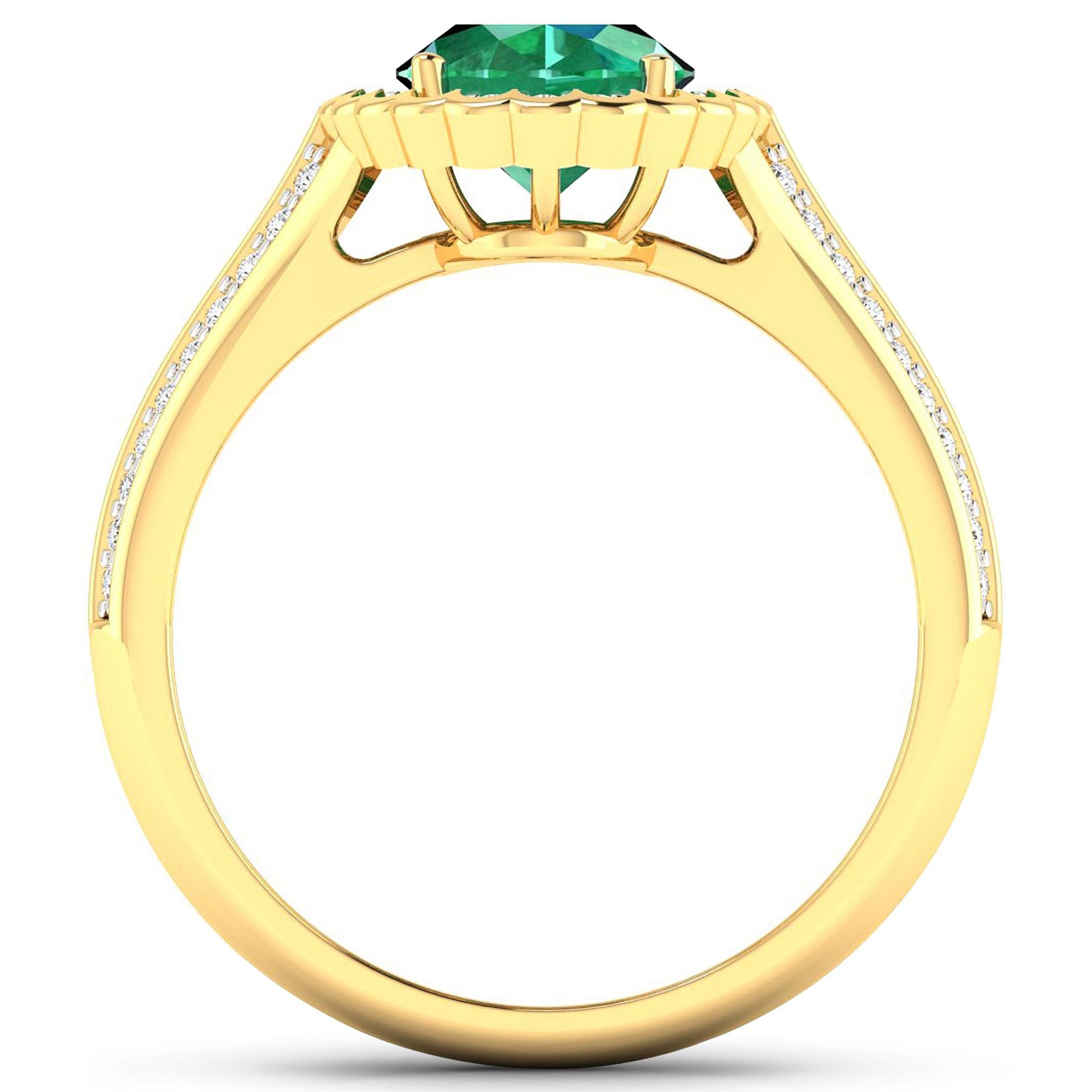 Emerald Gold Ring, 14Kt Gold Emerald & Diamond Engagement Ring, 2.07ctw.

Flaunt yourself with this 14K Yellow Gold Emerald & White Diamond Engagement Ring. The setting is inlaid with 62 accented full-cut White Diamond round stones for a total stone