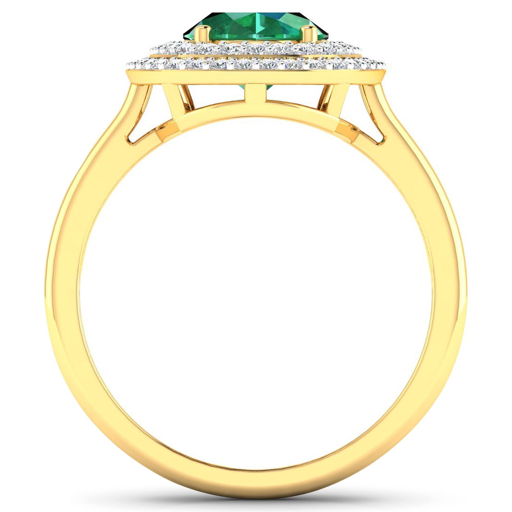 Emerald Gold Ring, 14Kt Gold Emerald & Diamond Engagement Ring, 1.93ctw.

Flaunt yourself with this 14K Yellow Gold Emerald & White Diamond Engagement Ring. The setting is inlaid with 62 accented full-cut White Diamond round stones for a total stone