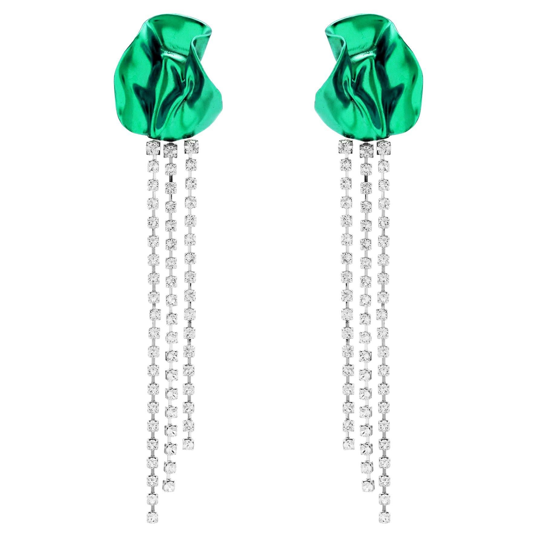 Emerald Green Abstract Floral Crystal Fringe Georgia Statement Earrings For Sale