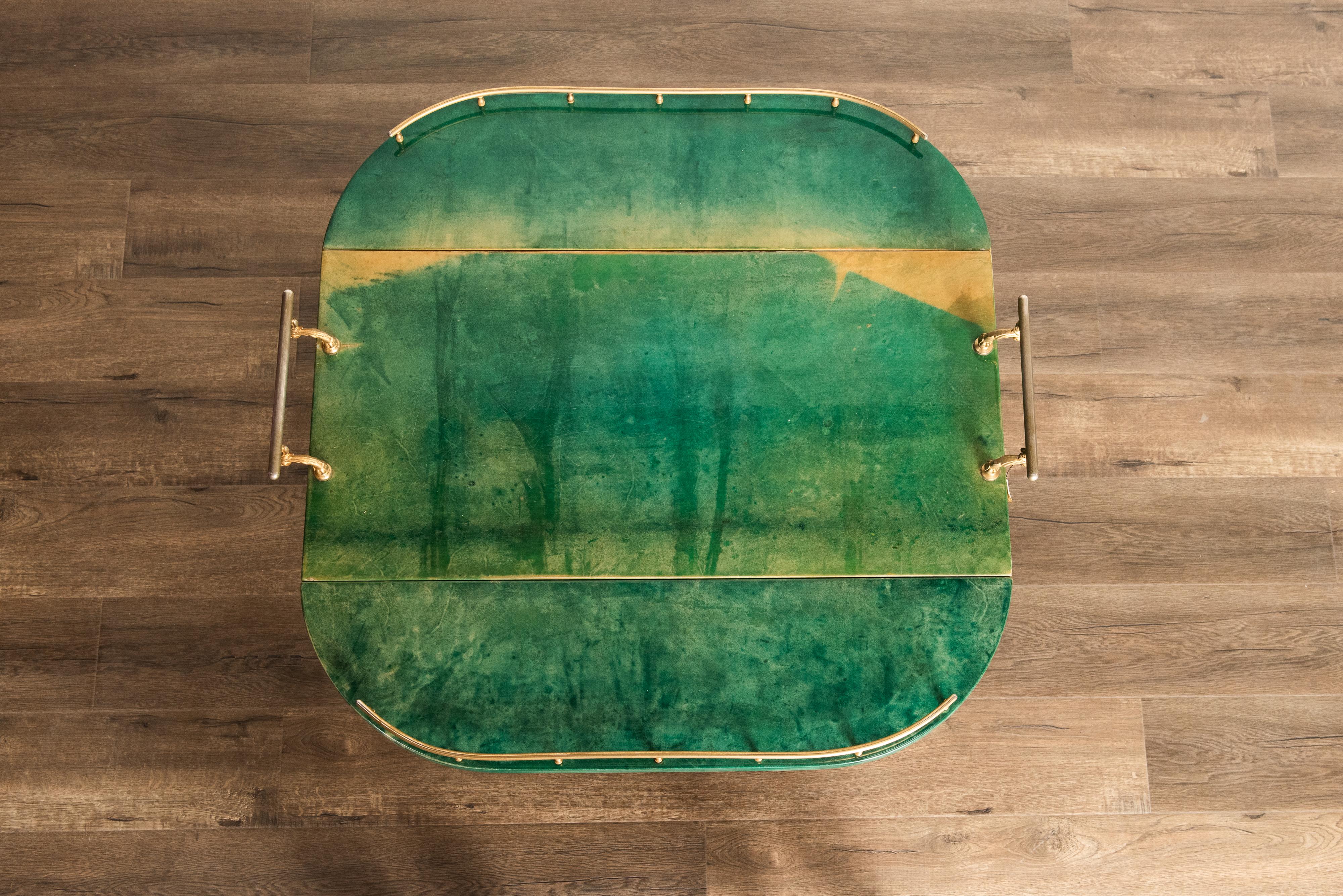 Emerald Green Aldo Tura Lacquered Goatskin and Brass Drop-Leaf Bar Cart, Signed 4