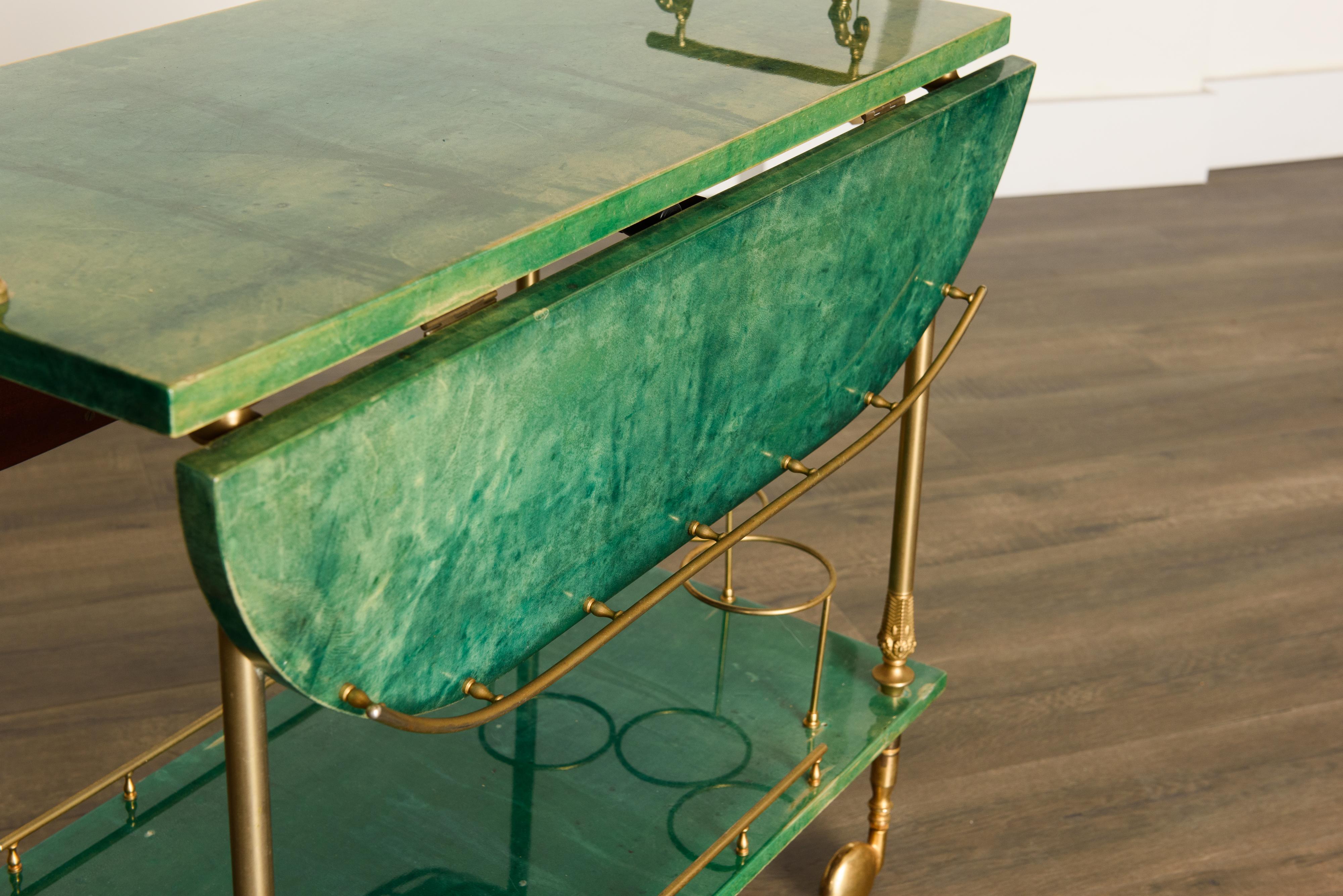 Emerald Green Aldo Tura Lacquered Goatskin and Brass Drop-Leaf Bar Cart, Signed 5