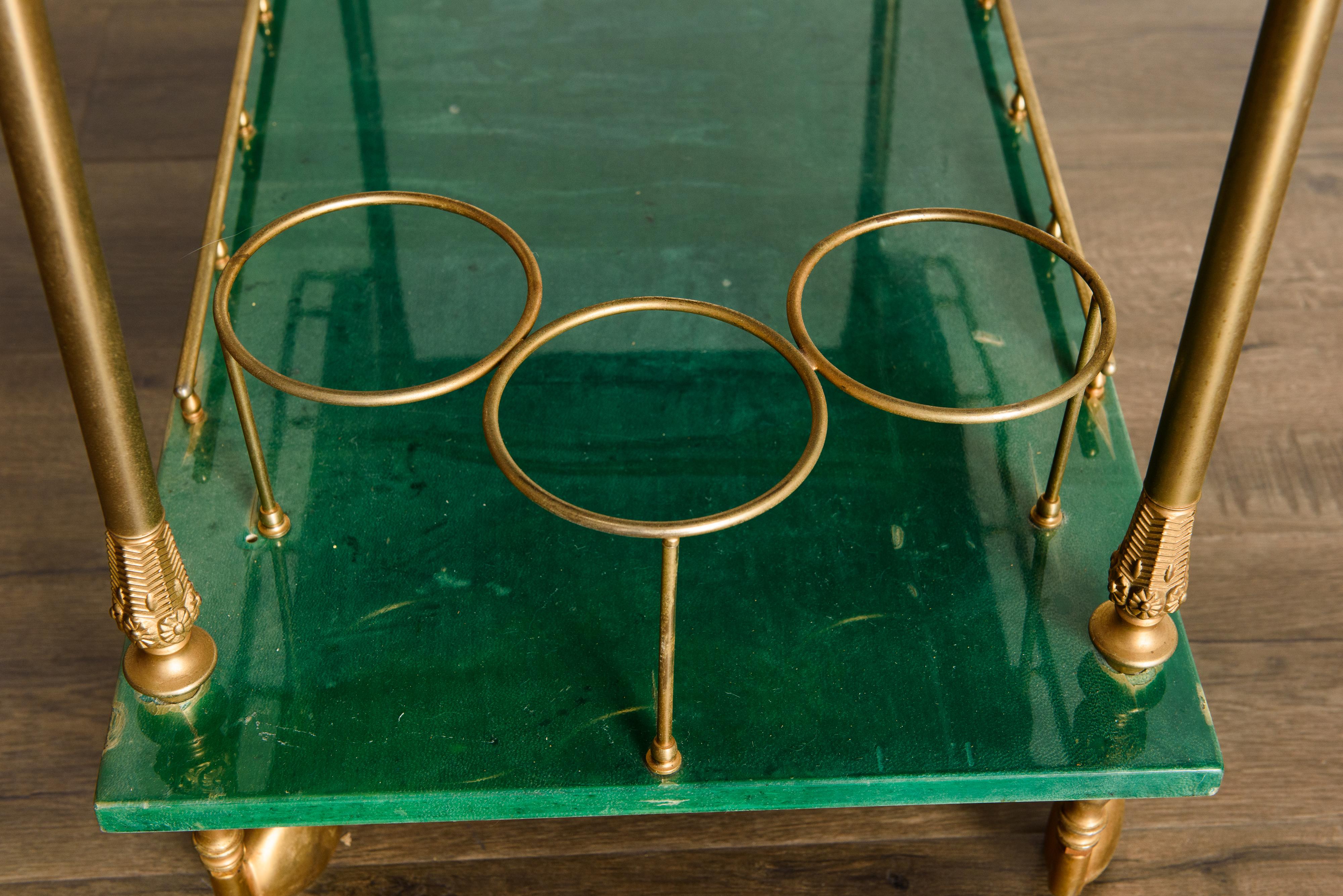 Emerald Green Aldo Tura Lacquered Goatskin and Brass Drop-Leaf Bar Cart, Signed 7