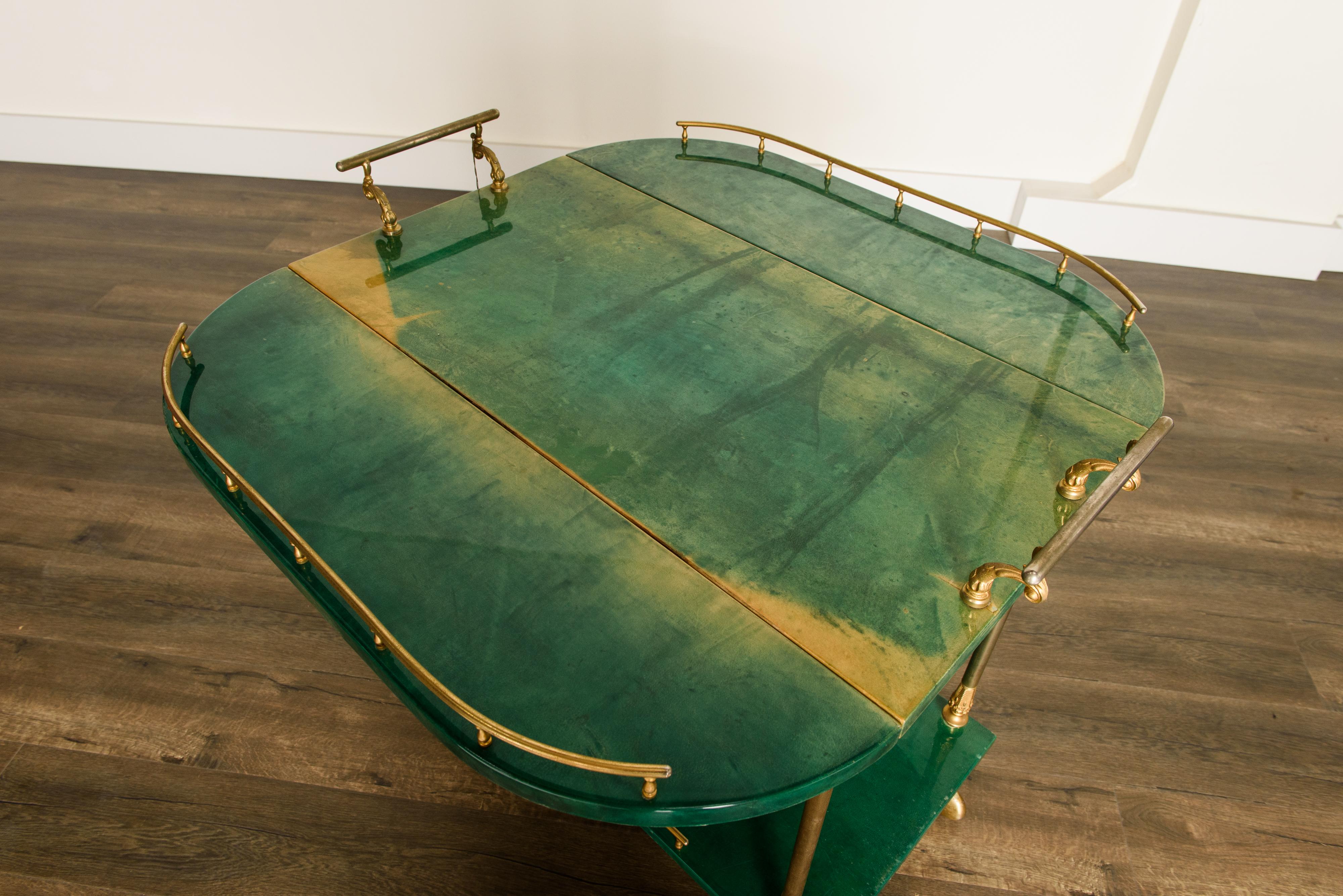Emerald Green Aldo Tura Lacquered Goatskin and Brass Drop-Leaf Bar Cart, Signed 11
