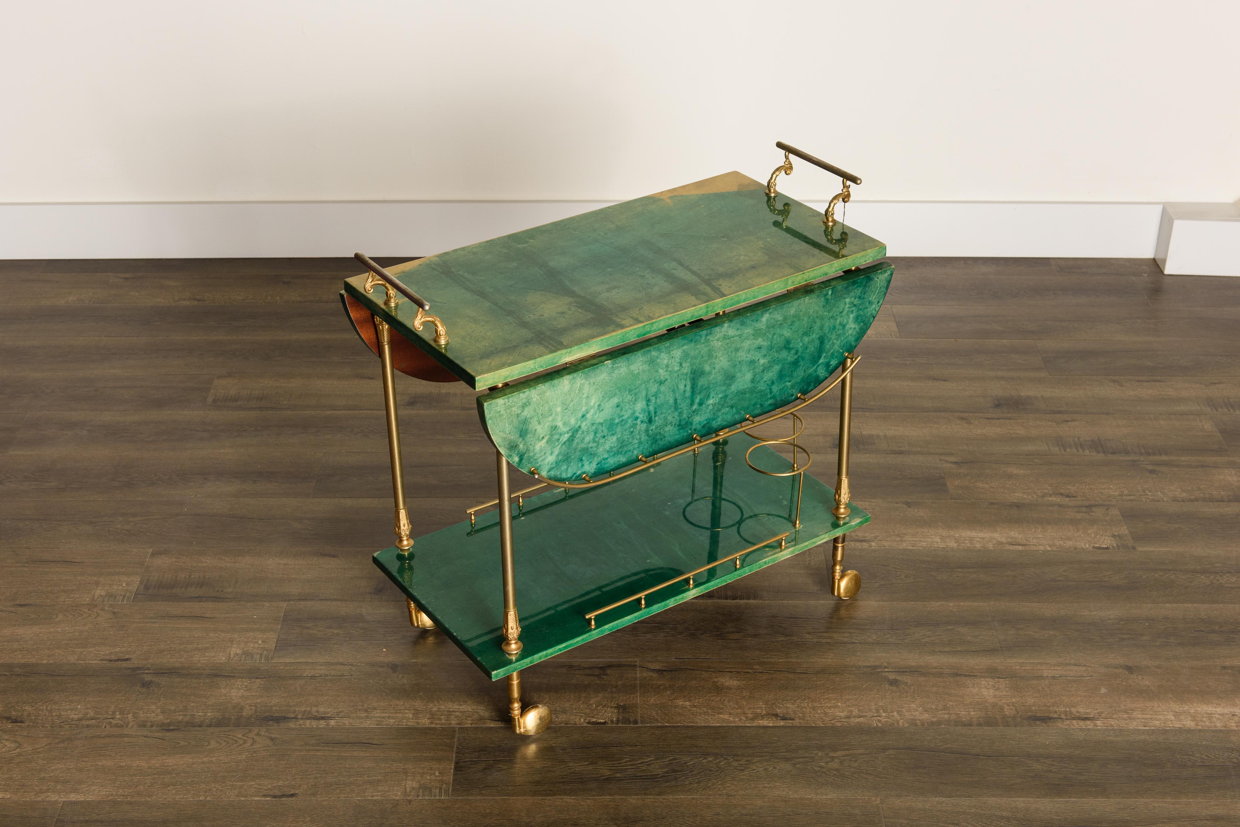 Mid-Century Modern Emerald Green Aldo Tura Lacquered Goatskin and Brass Drop-Leaf Bar Cart, Signed