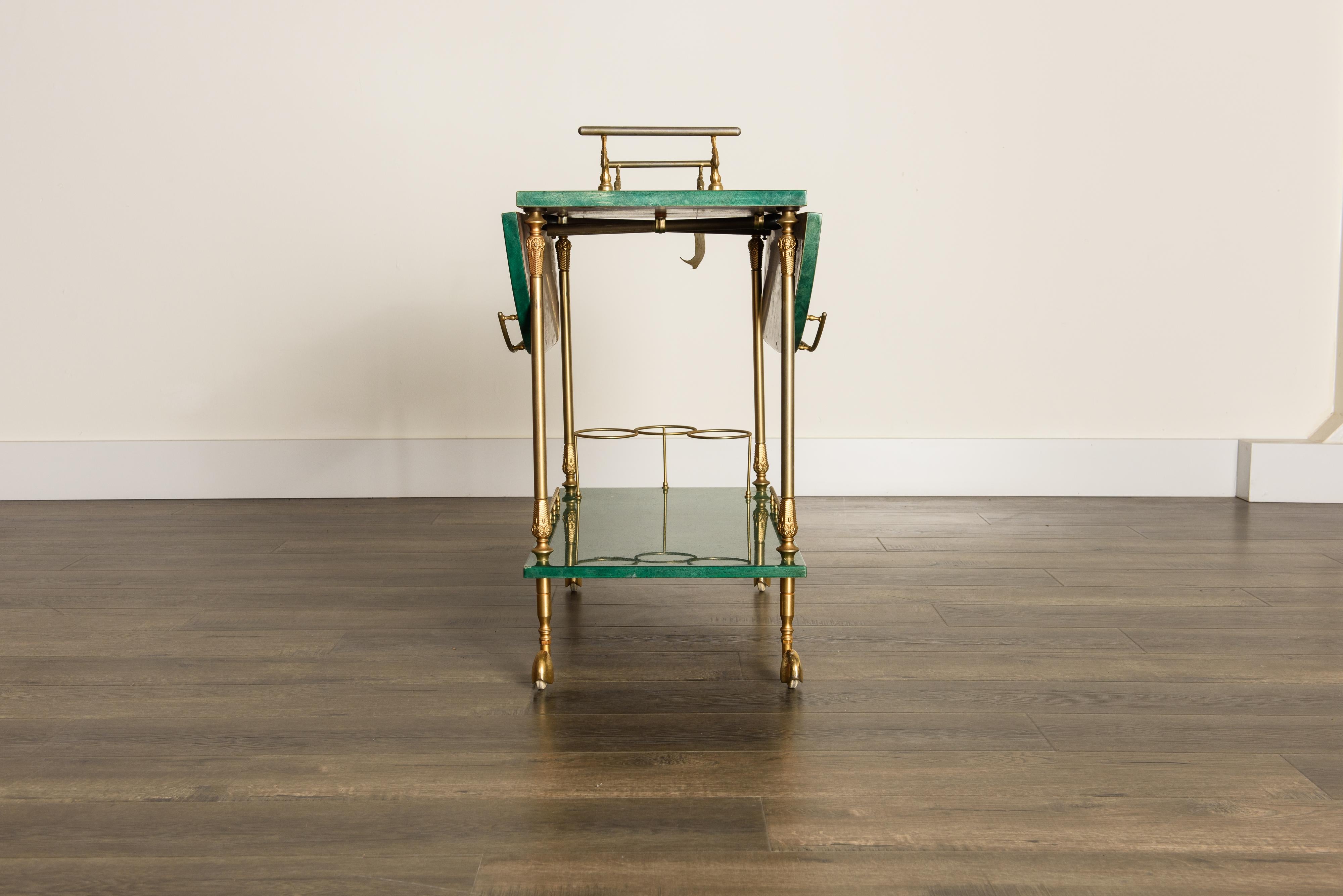 Emerald Green Aldo Tura Lacquered Goatskin and Brass Drop-Leaf Bar Cart, Signed In Good Condition In Los Angeles, CA