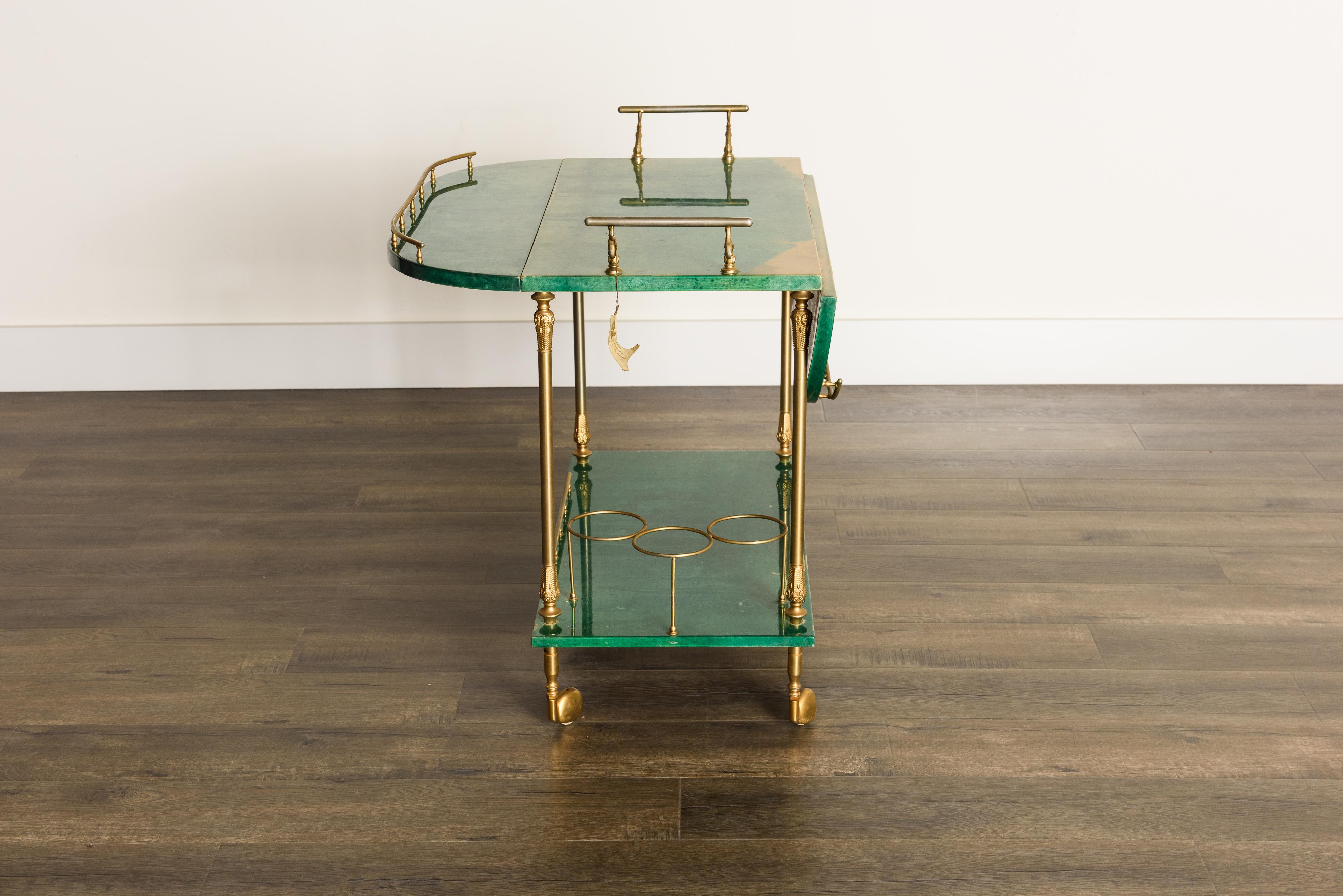 Mid-20th Century Emerald Green Aldo Tura Lacquered Goatskin and Brass Drop-Leaf Bar Cart, Signed