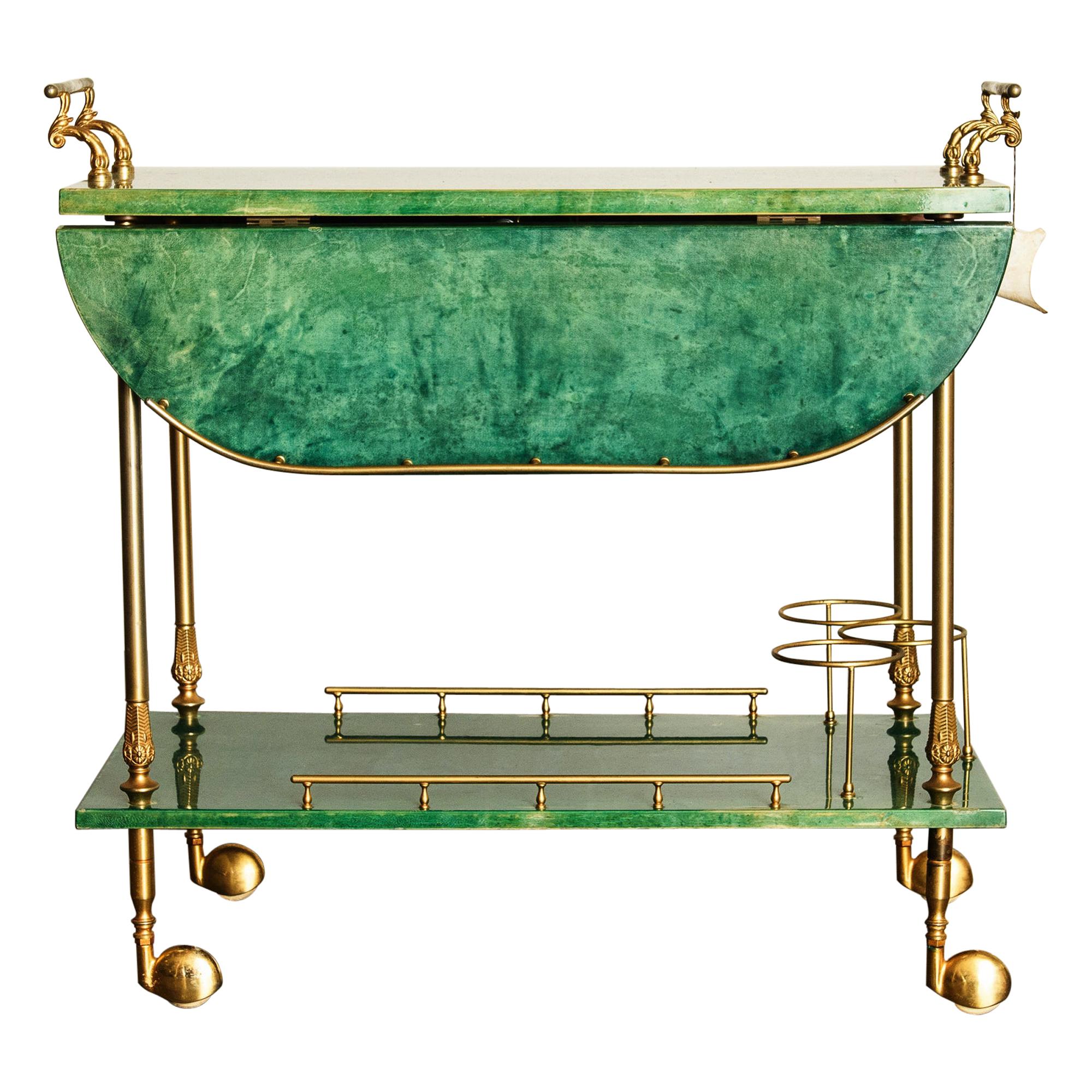 Emerald Green Aldo Tura Lacquered Goatskin and Brass Drop-Leaf Bar Cart,  Signed at 1stDibs | emerald green bar cart