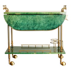 Vintage Emerald Green Aldo Tura Lacquered Goatskin and Brass Drop-Leaf Bar Cart, Signed