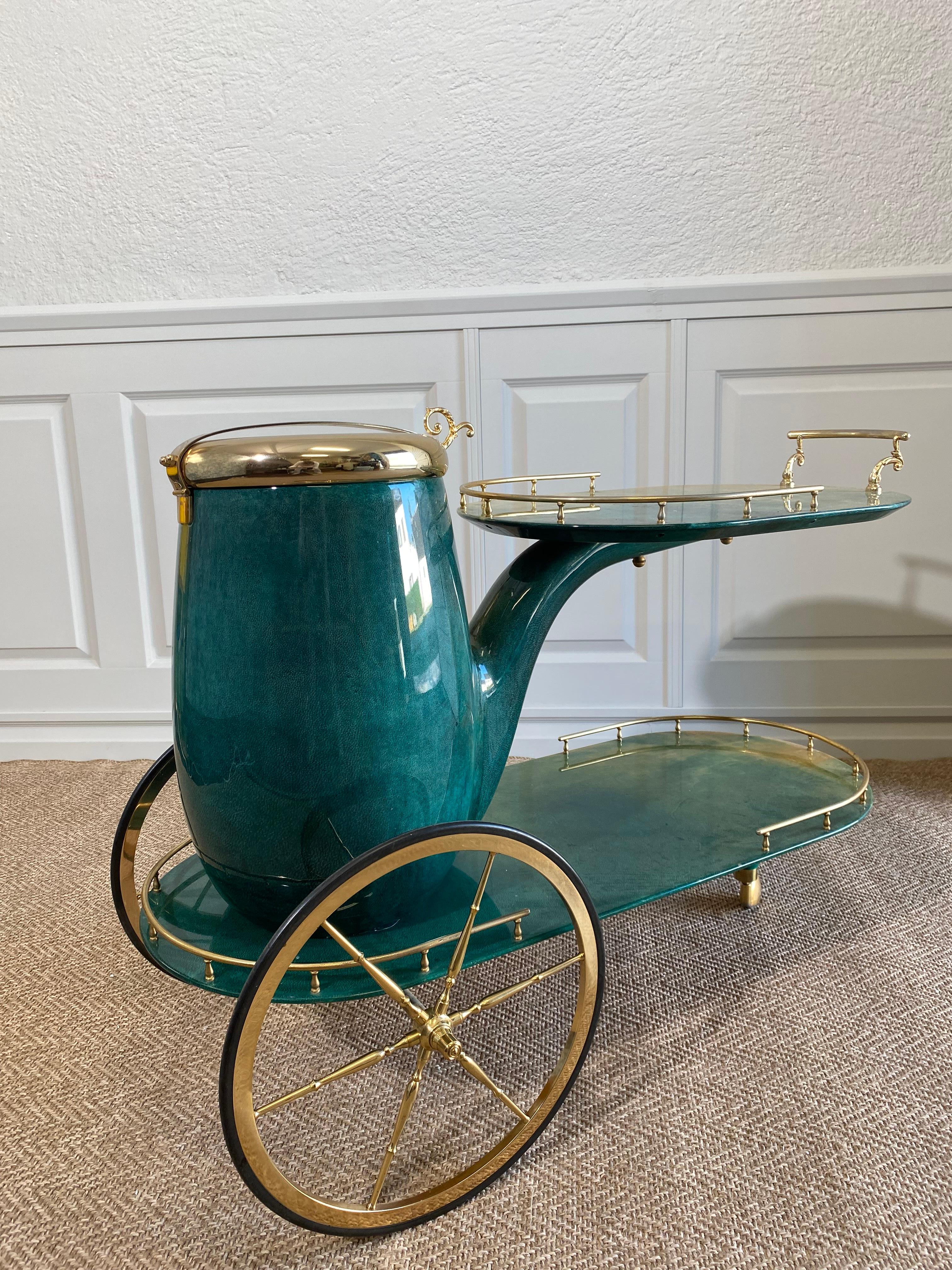 Emerald Green ALDO TURA Pipe Bar Cart, Italy 1960s 2