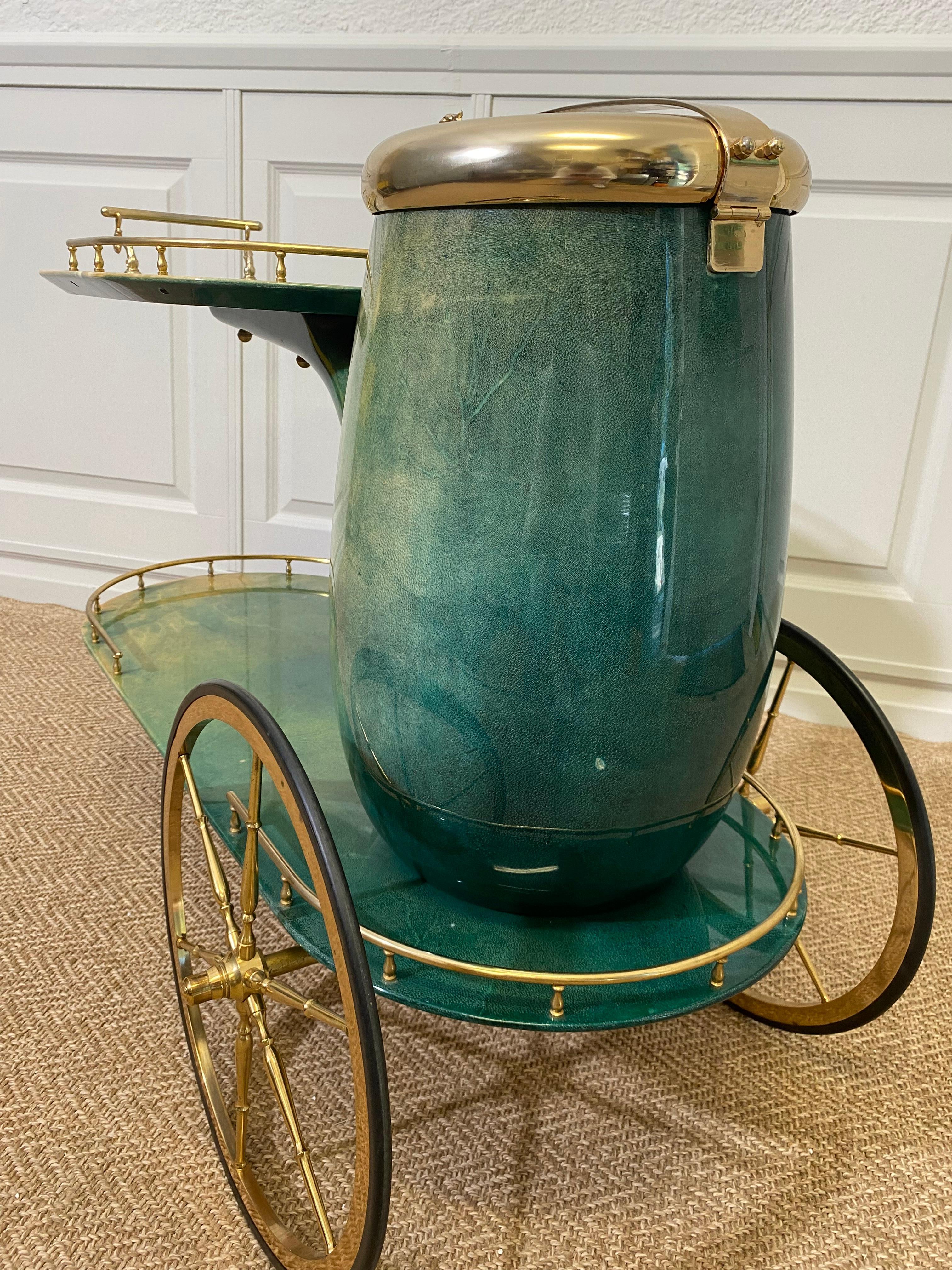 Emerald Green ALDO TURA Pipe Bar Cart, Italy 1960s 4