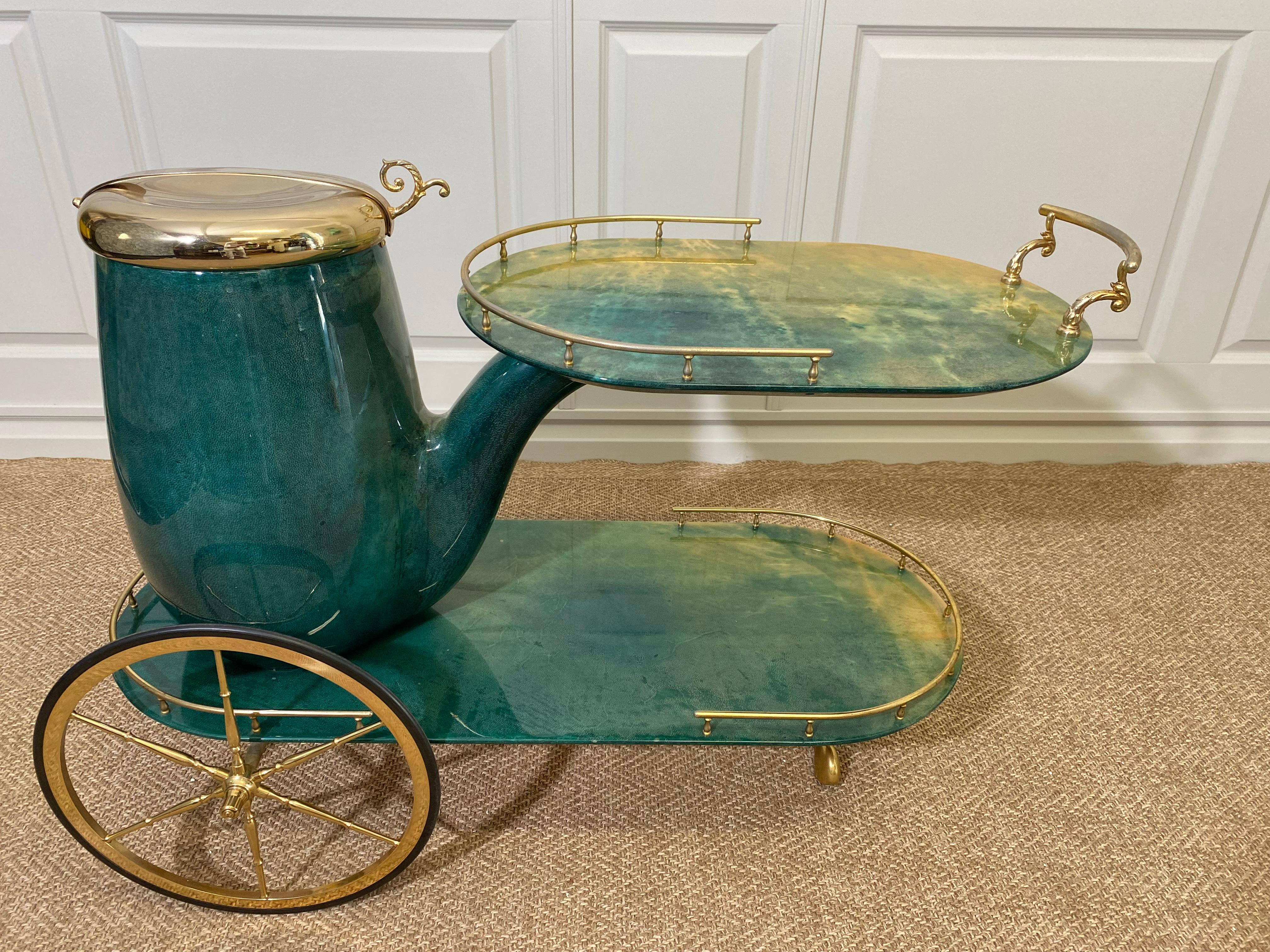 Hollywood Regency Emerald Green ALDO TURA Pipe Bar Cart, Italy 1960s