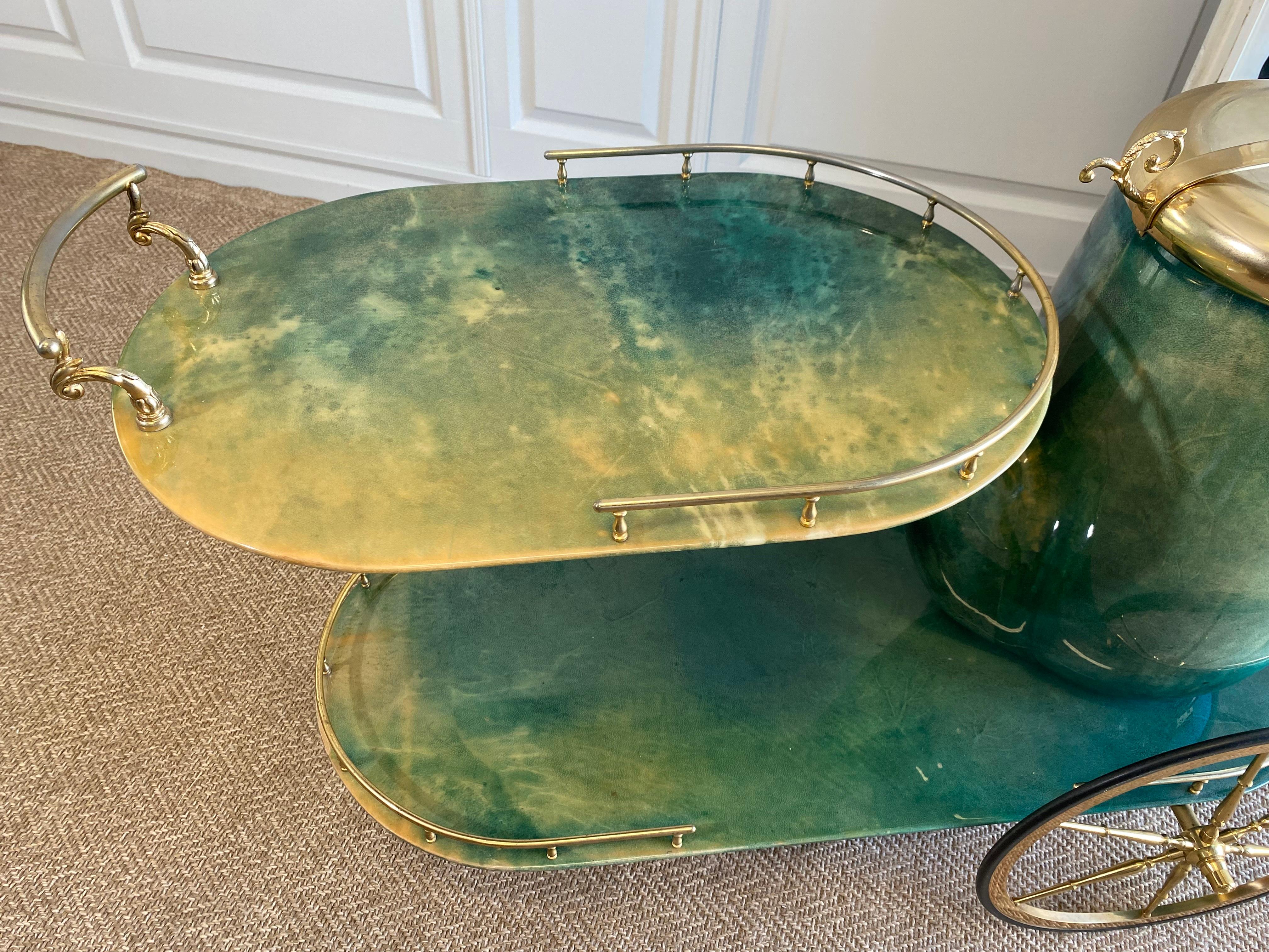 Italian Emerald Green ALDO TURA Pipe Bar Cart, Italy 1960s
