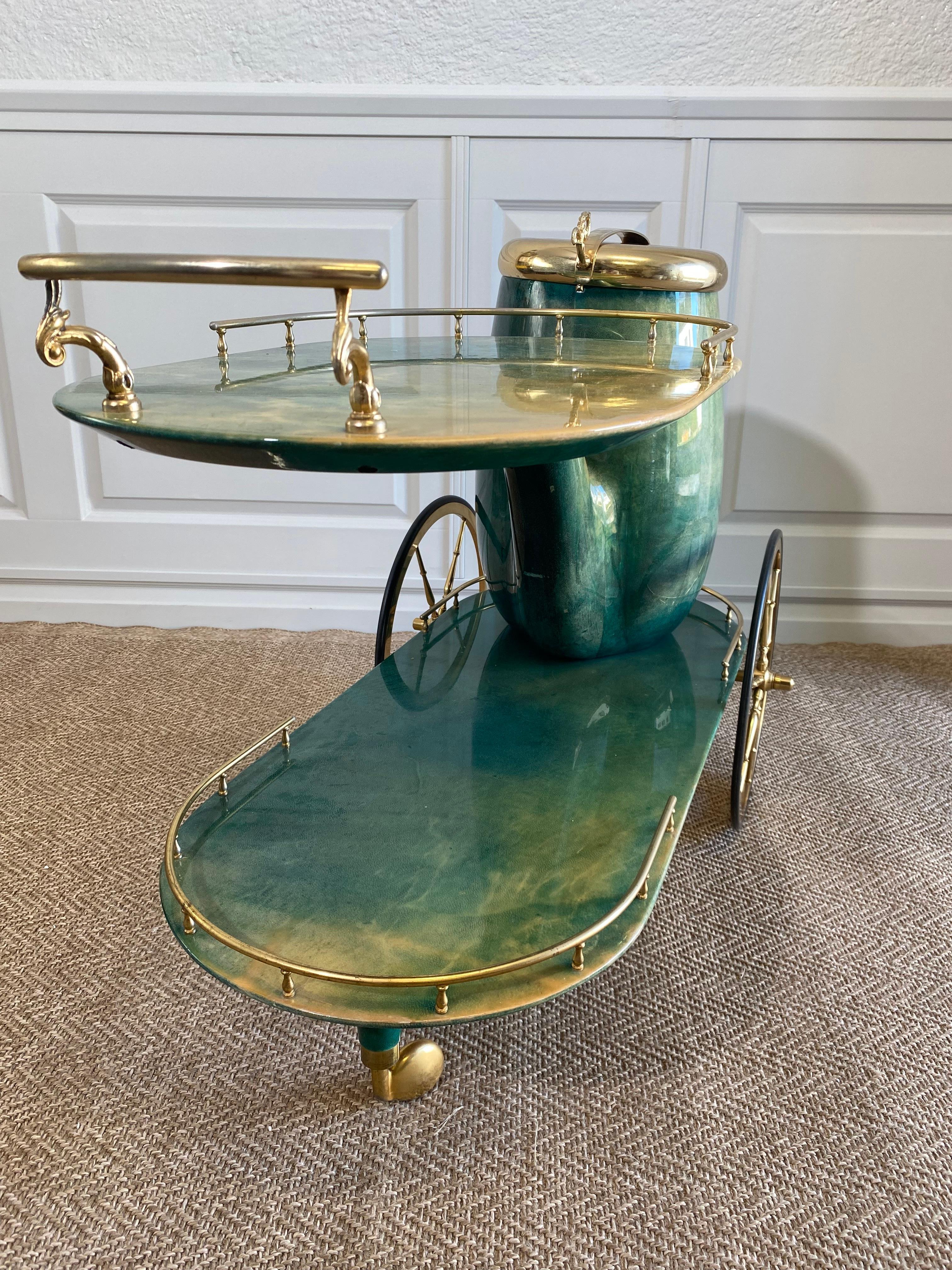 Mid-20th Century Emerald Green ALDO TURA Pipe Bar Cart, Italy 1960s