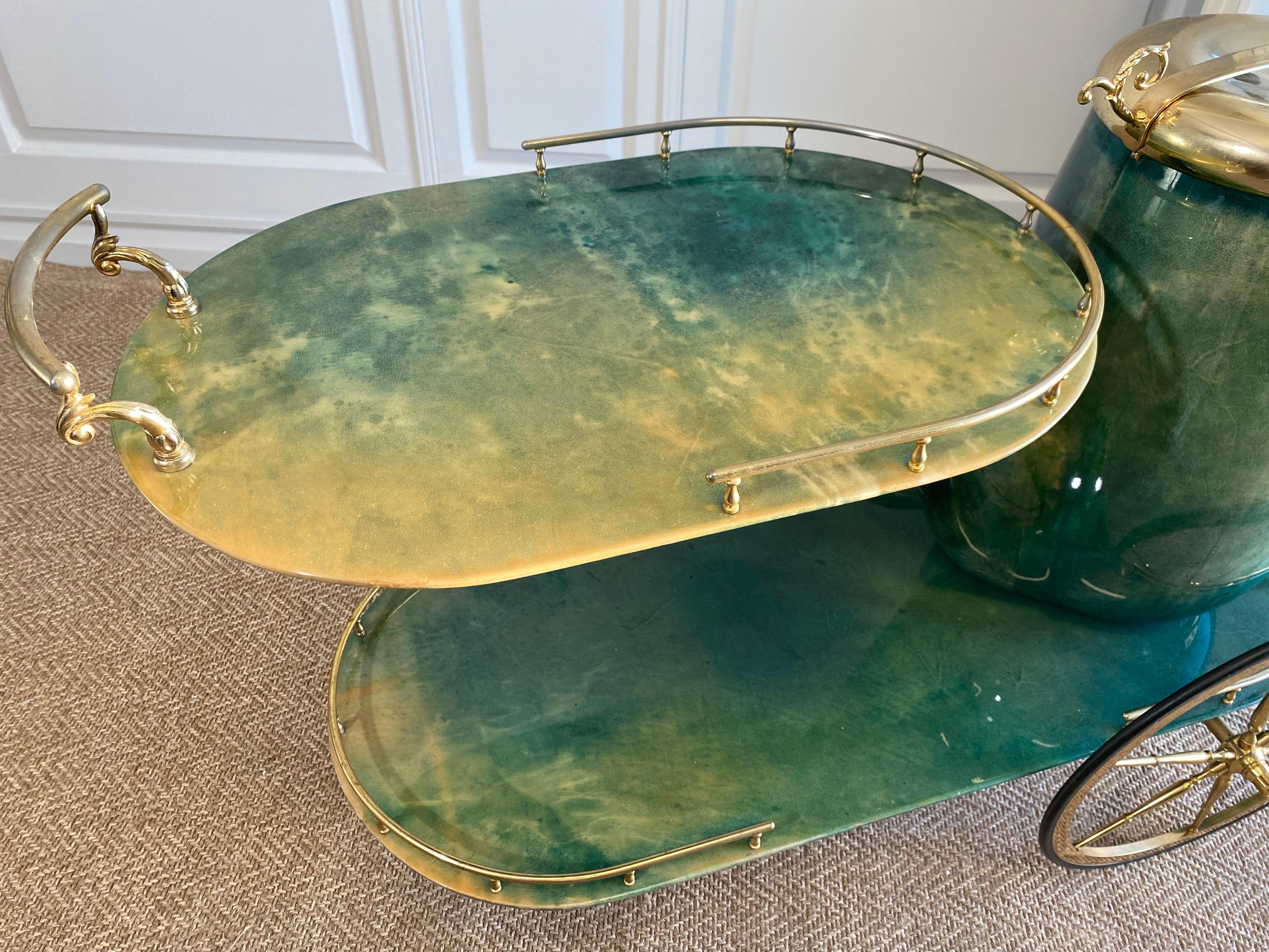 Brass Emerald Green ALDO TURA Pipe Bar Cart, Italy 1960s