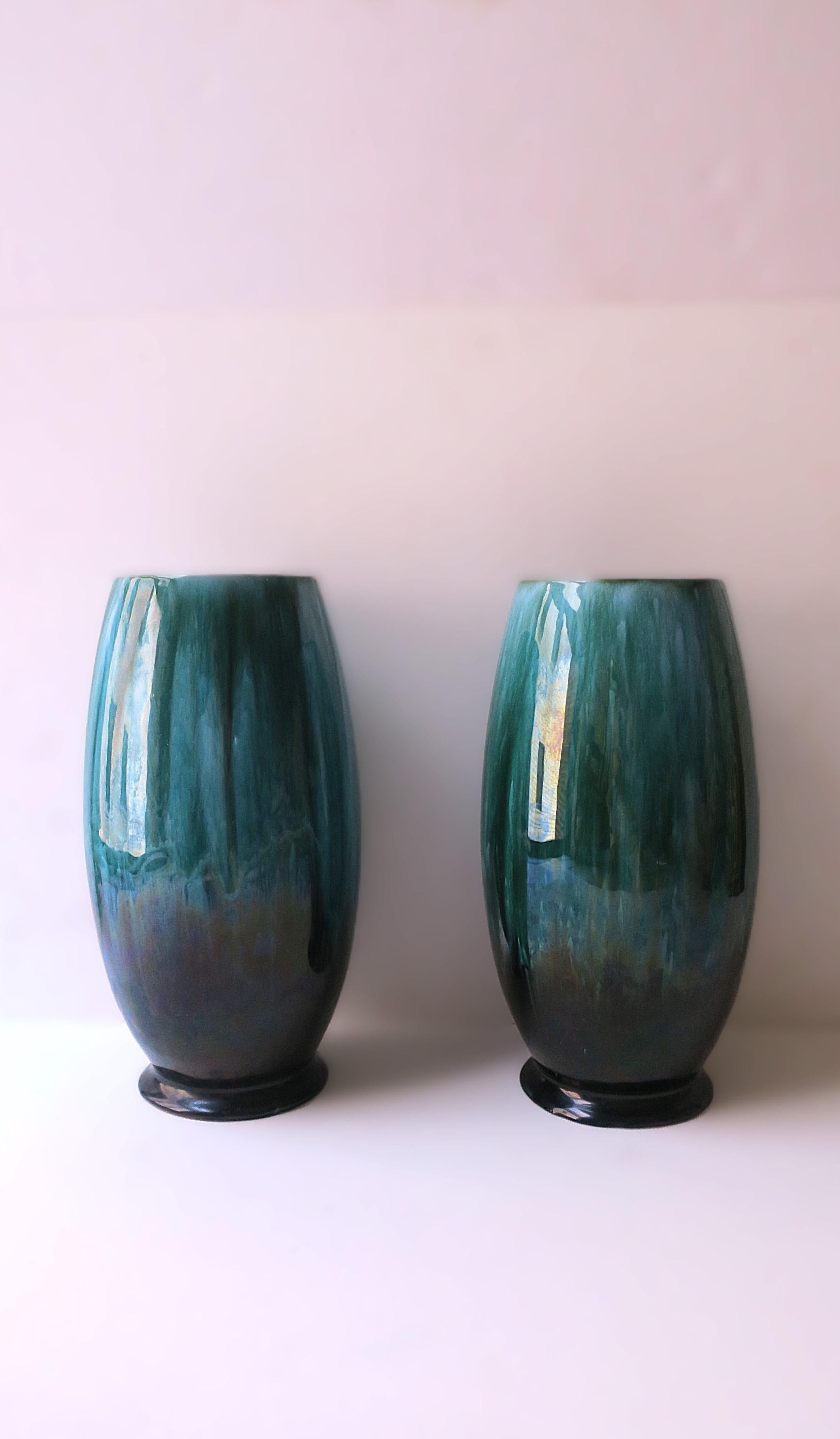 Emerald Green and Black McCoy Pottery Vases, Pair In Good Condition For Sale In New York, NY