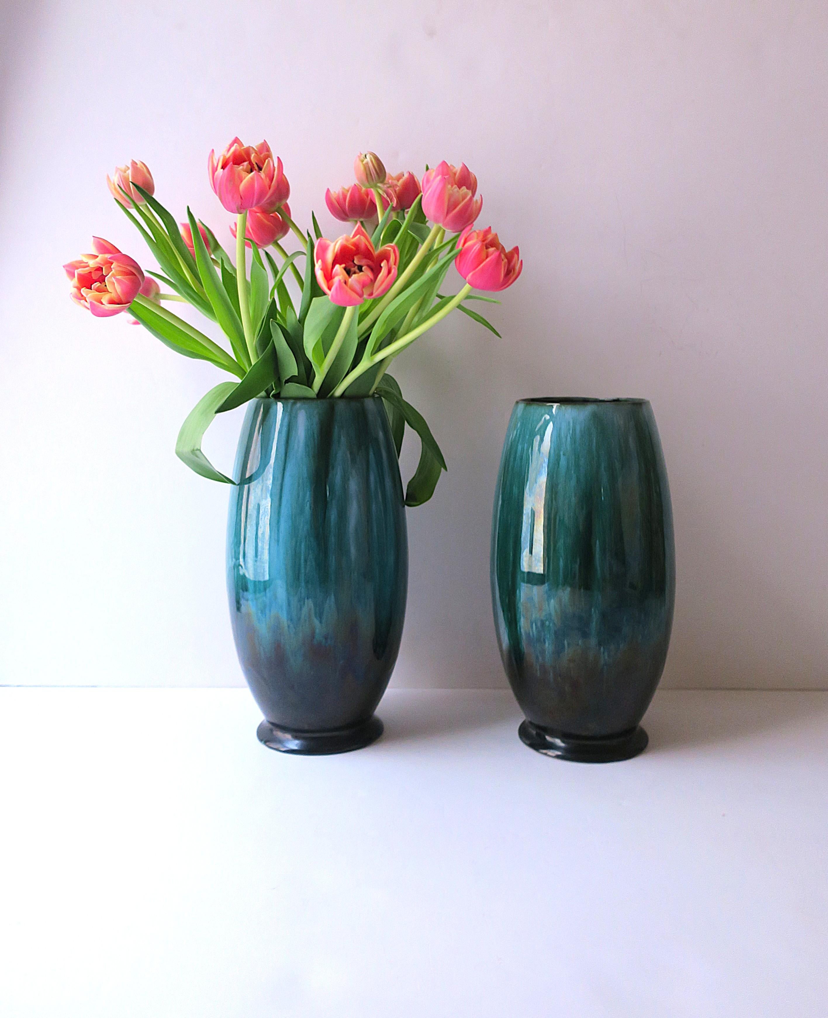 American Emerald Green and Black McCoy Pottery Vases, Pair For Sale