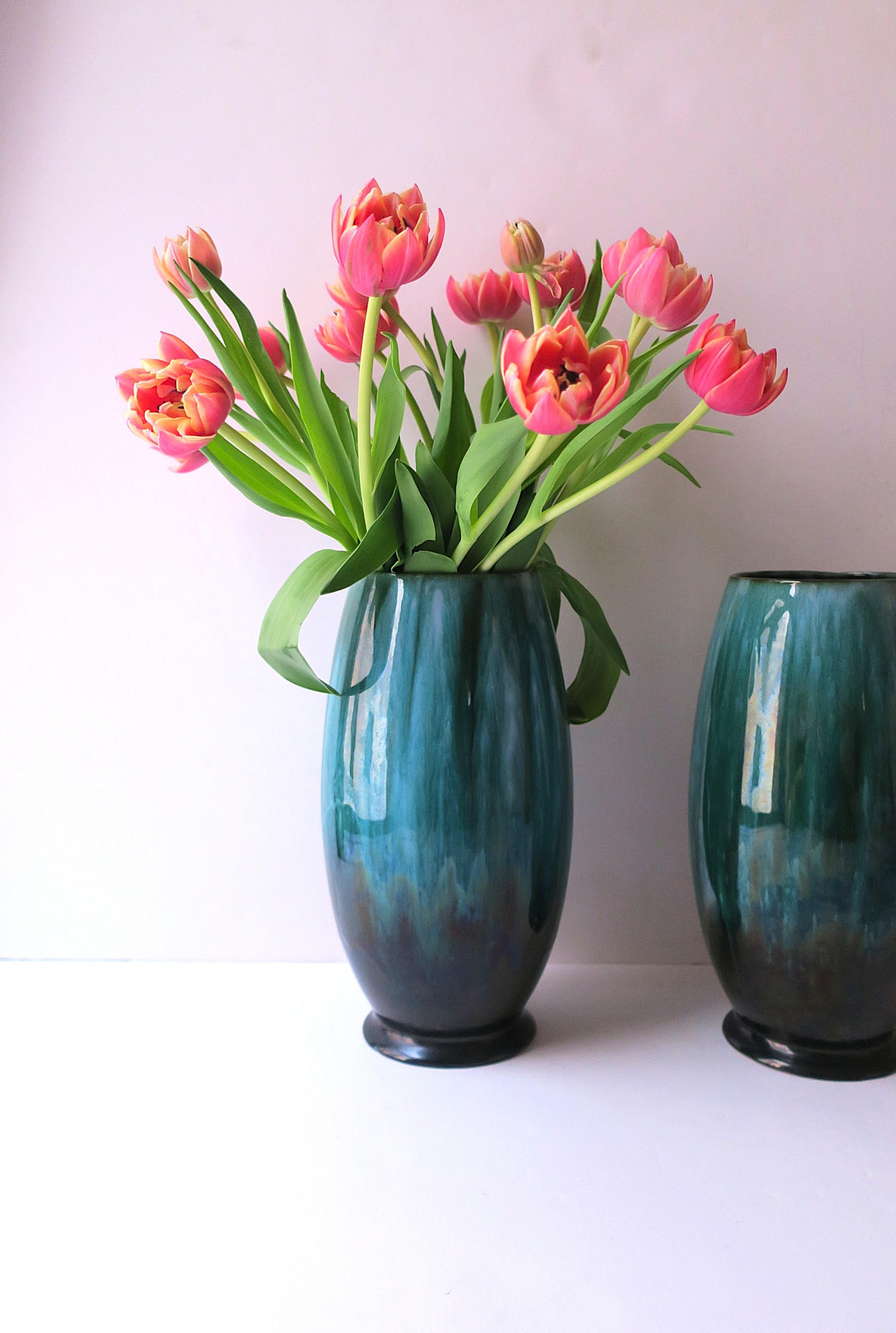 Glazed Emerald Green and Black McCoy Pottery Vases, Pair For Sale