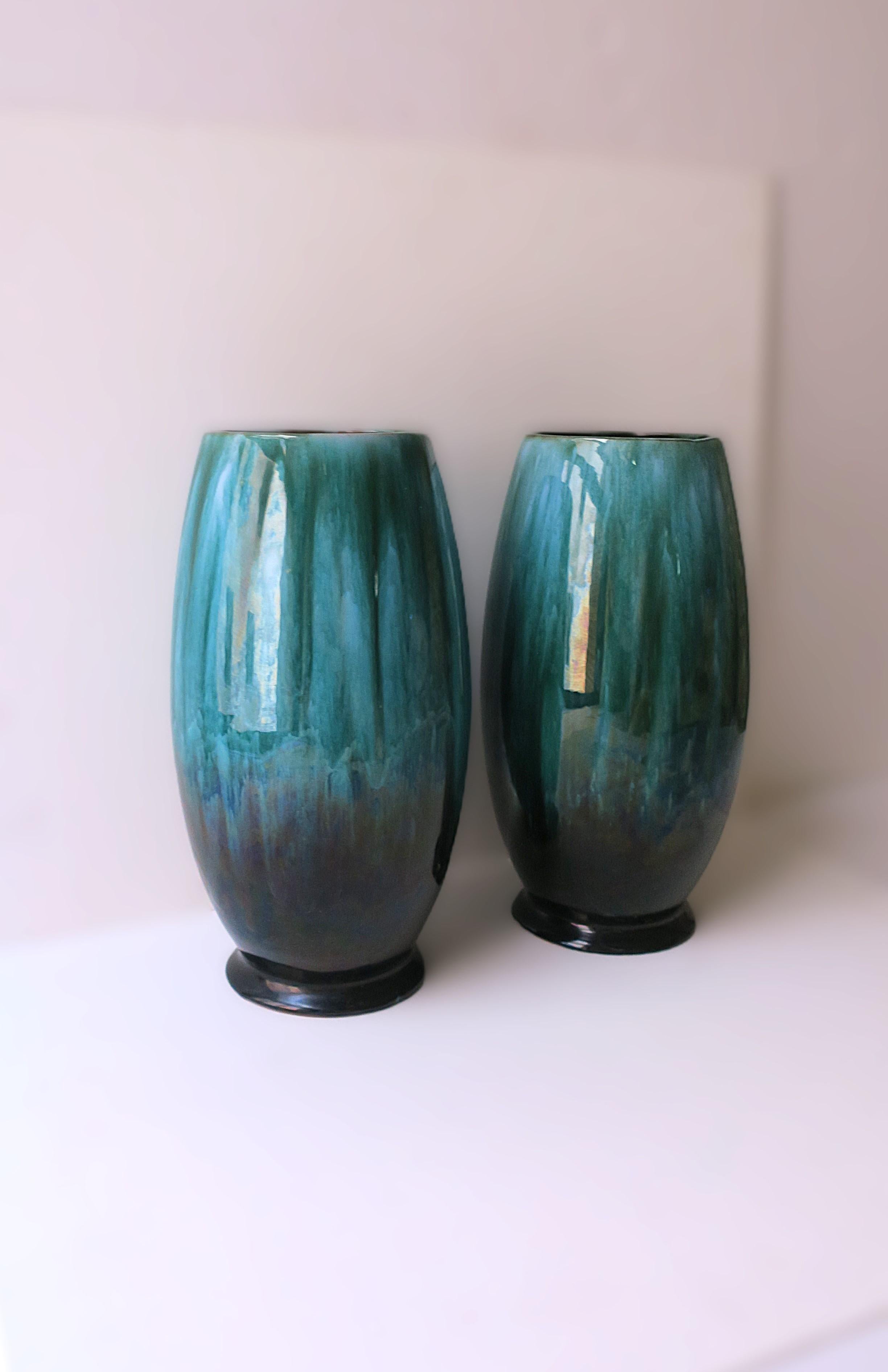 Emerald Green and Black McCoy Pottery Vases, Pair For Sale 1