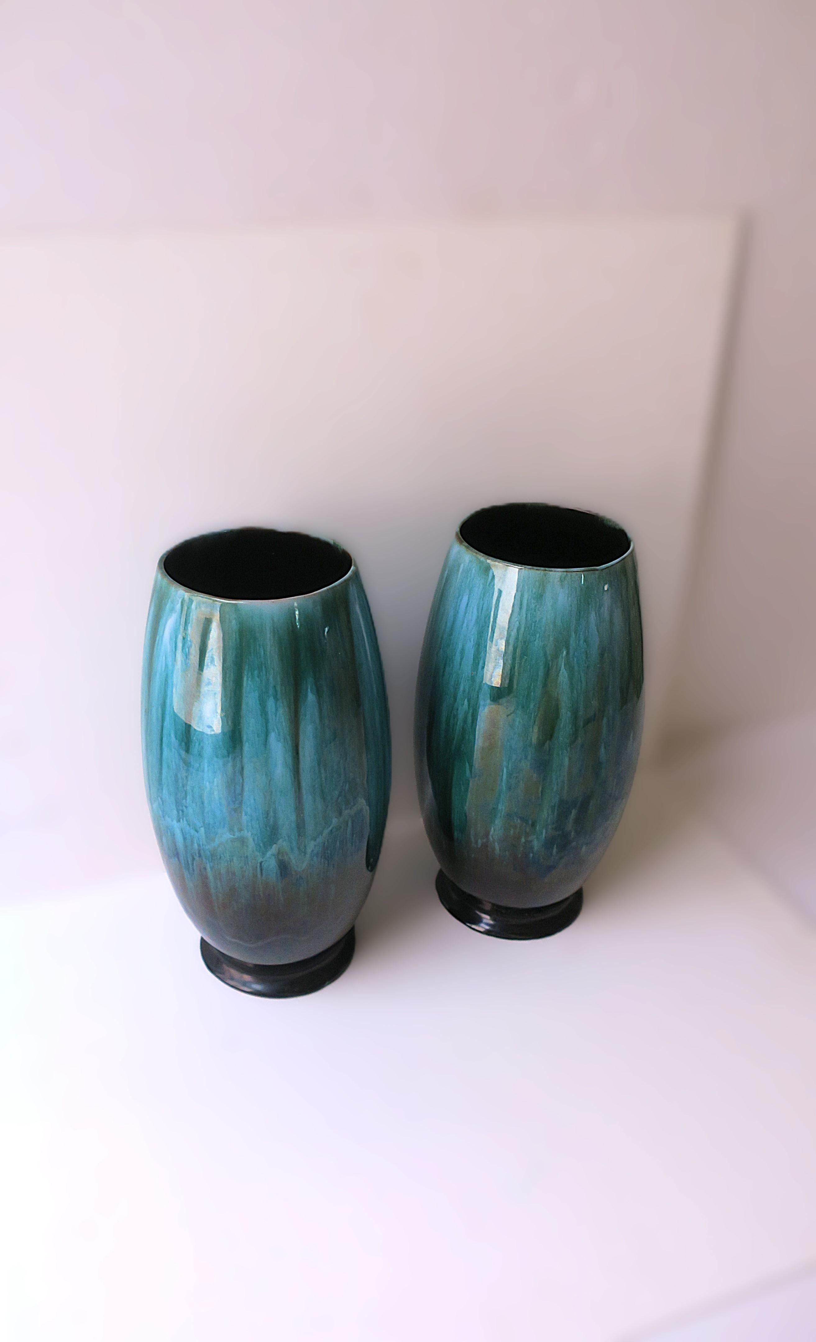 Emerald Green and Black McCoy Pottery Vases, Pair For Sale 2