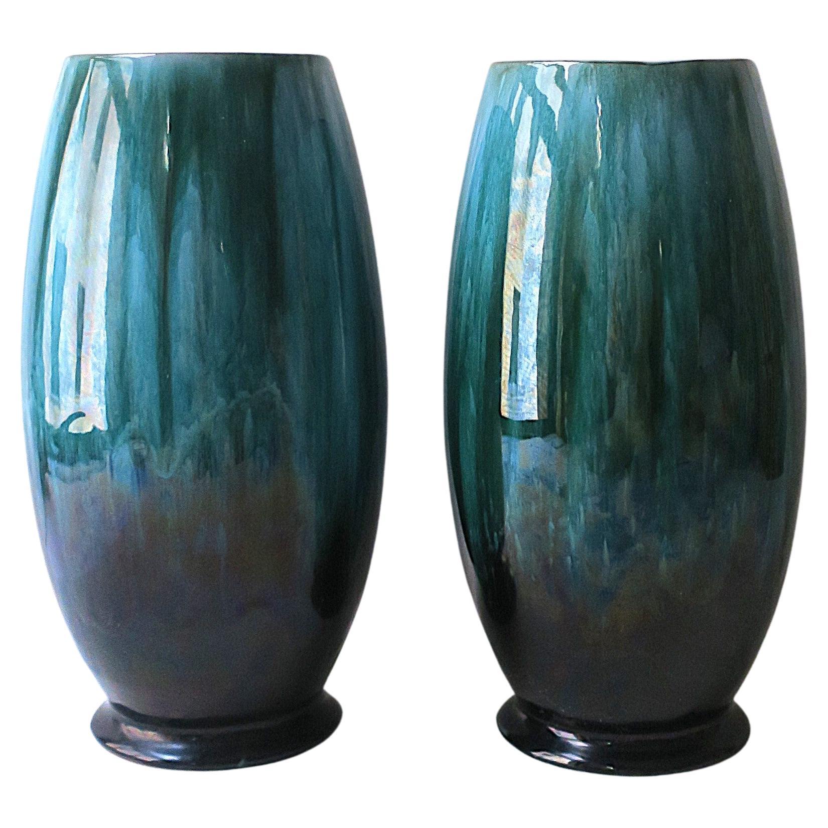 Emerald Green and Black McCoy Pottery Vases, Pair For Sale