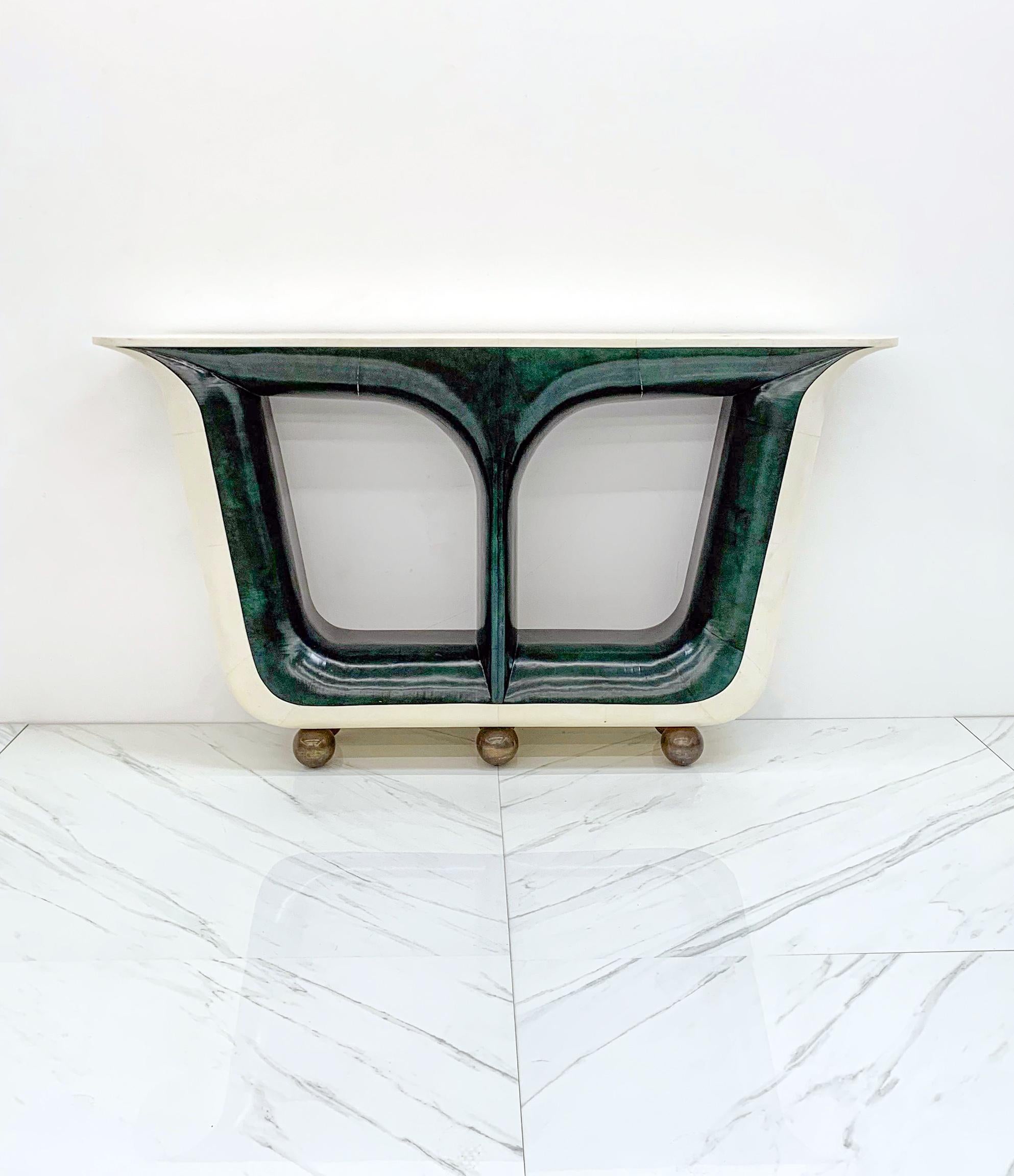 Emerald Green and Cream Parchment Goatskin Console Table with Bronze Feet 3