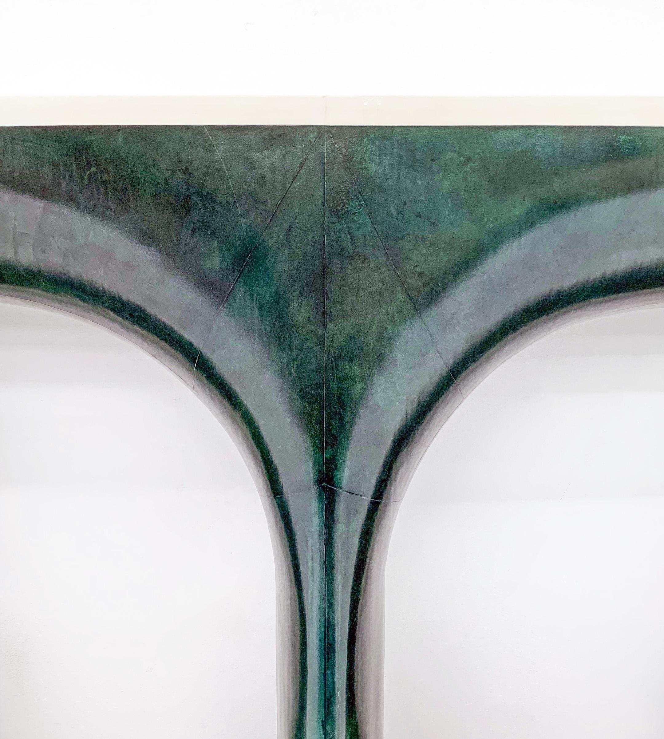 Art Deco Emerald Green and Cream Parchment Goatskin Console Table with Bronze Feet