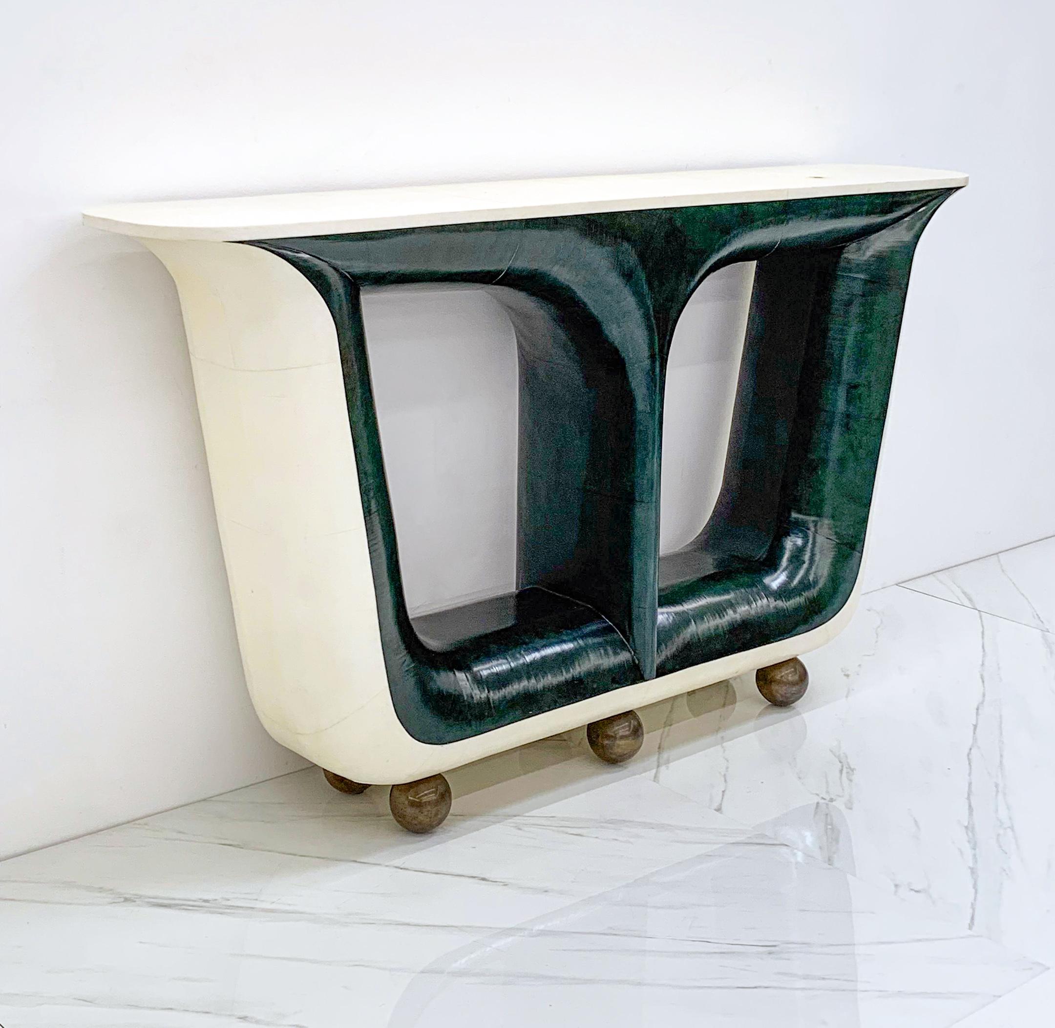 Emerald Green and Cream Parchment Goatskin Console Table with Bronze Feet 2