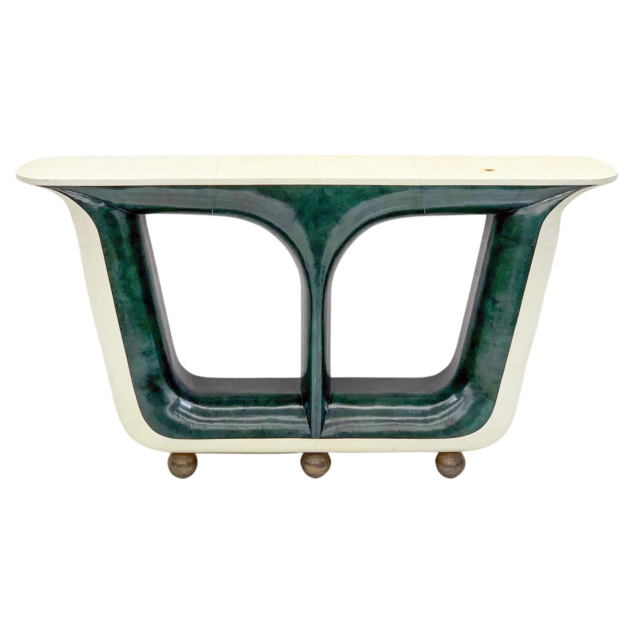 Emerald Green and Cream Parchment Goatskin Console Table with Bronze Feet